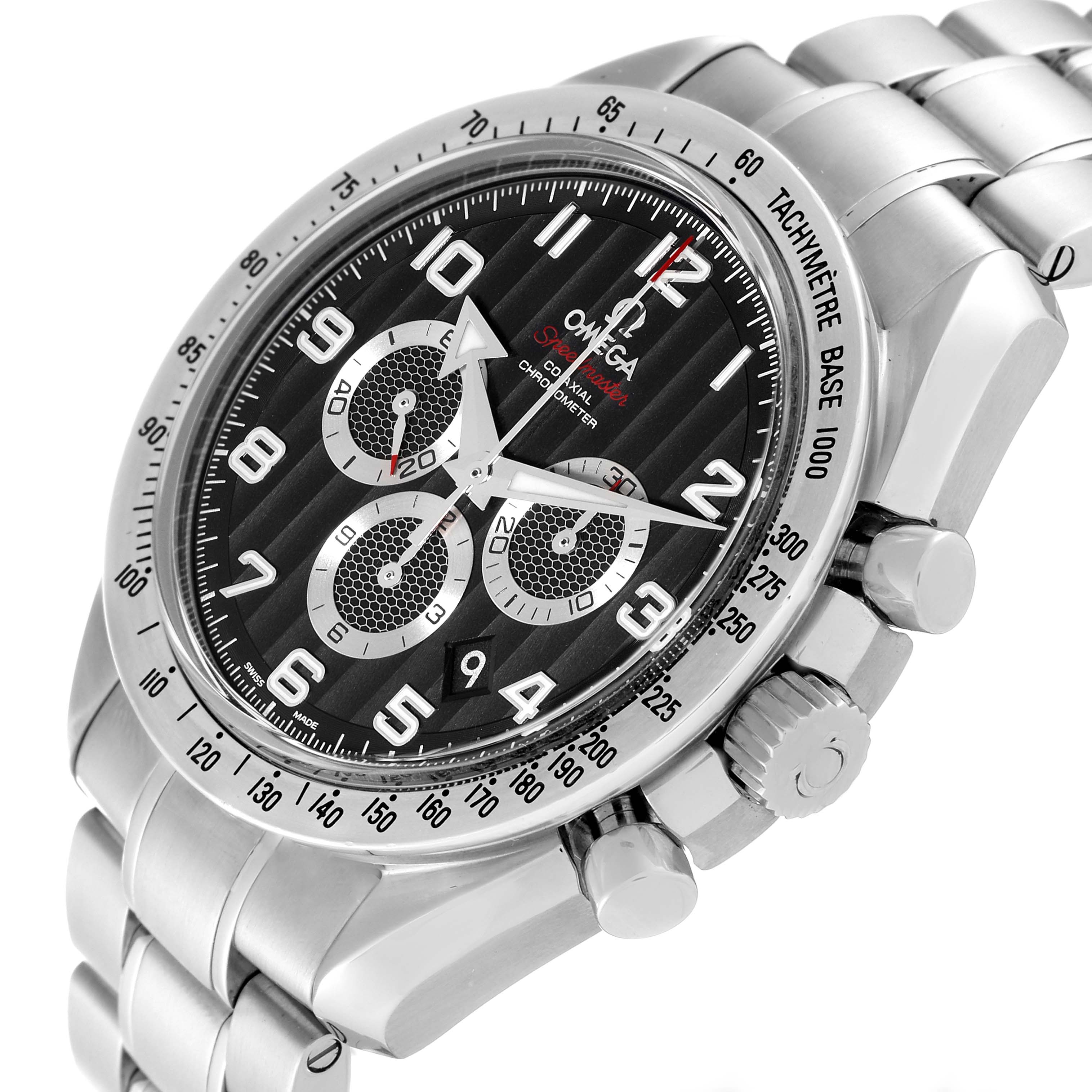 The Omega Speedmaster 321.10.44.50.01.001 Men
s Stainless Steel Black Dial 321.10.44.50.01.001 Men
s Stainless Steel Black Dial watch is shown at an oblique angle, highlighting the face, bezel, pushers, crown, and part of the bracelet.