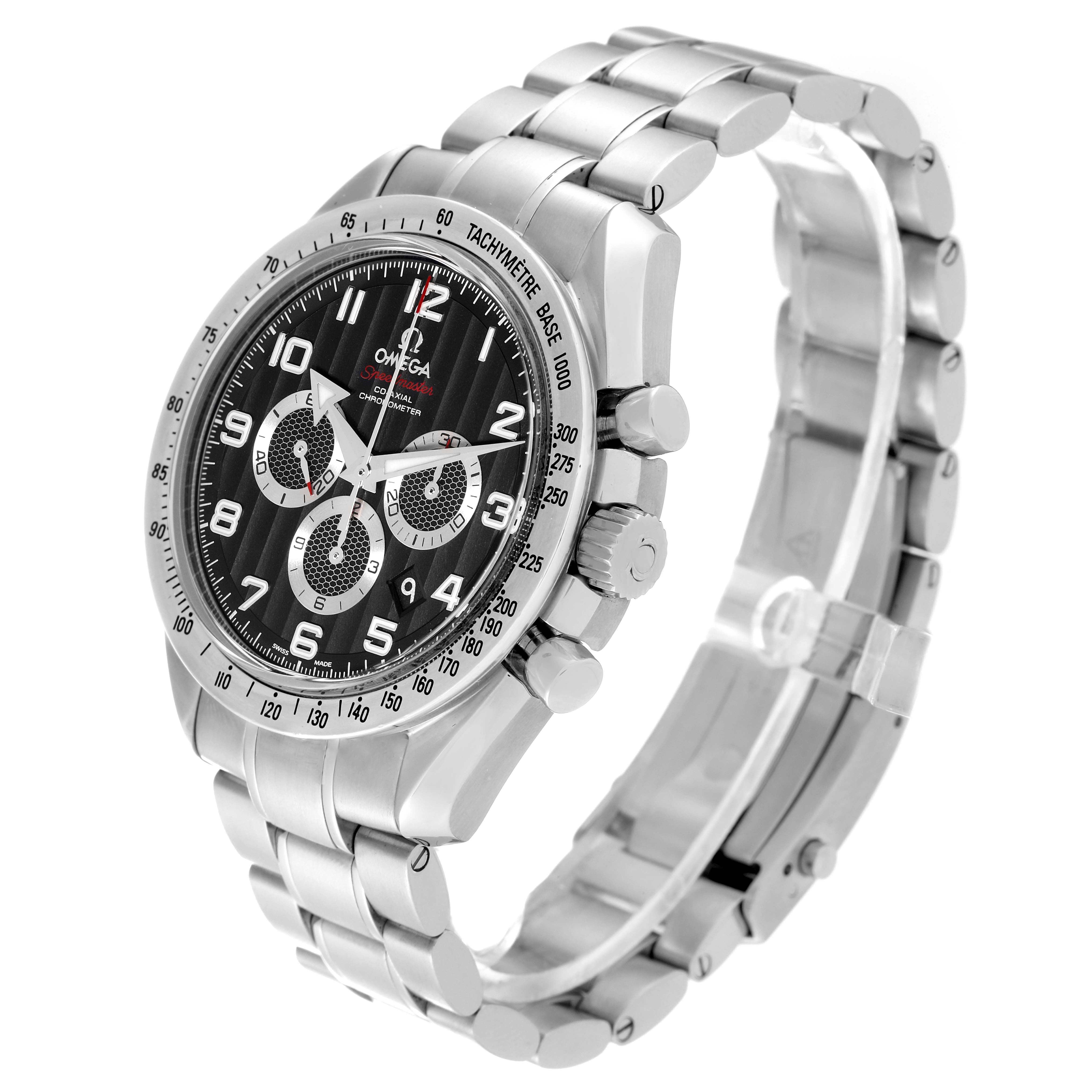 The Omega Speedmaster 321.10.44.50.01.001 Men
s Stainless Steel Black Dial 321.10.44.50.01.001 Men
s Stainless Steel Black Dial watch is shown at a slight angle, featuring its dial, bezel, crown, and metal bracelet.