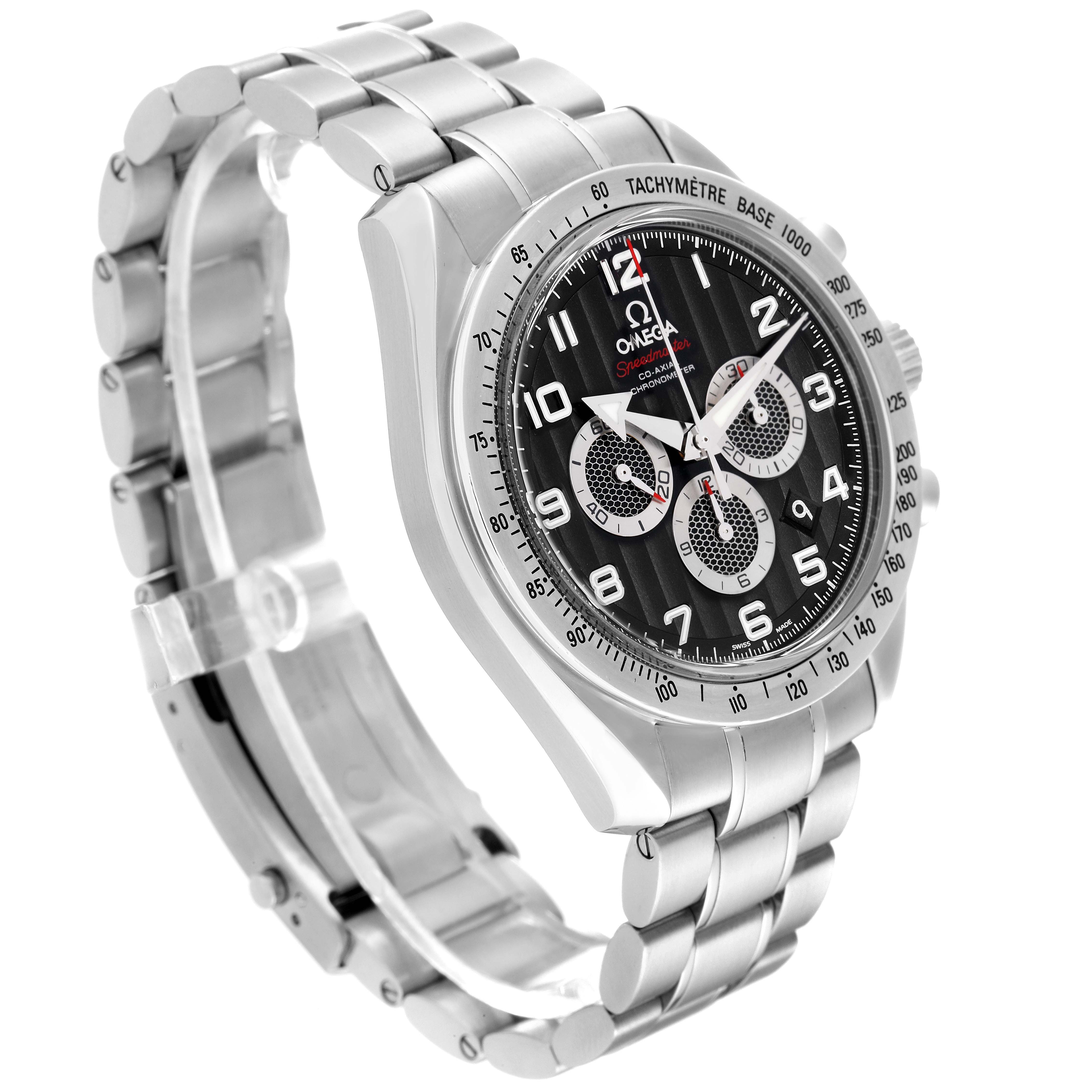 This image shows a side angle of the Omega Speedmaster 321.10.44.50.01.001 Men
s Stainless Steel Black Dial 321.10.44.50.01.001 Men
s Stainless Steel Black Dial, highlighting its stainless steel bracelet and tachymeter bezel.