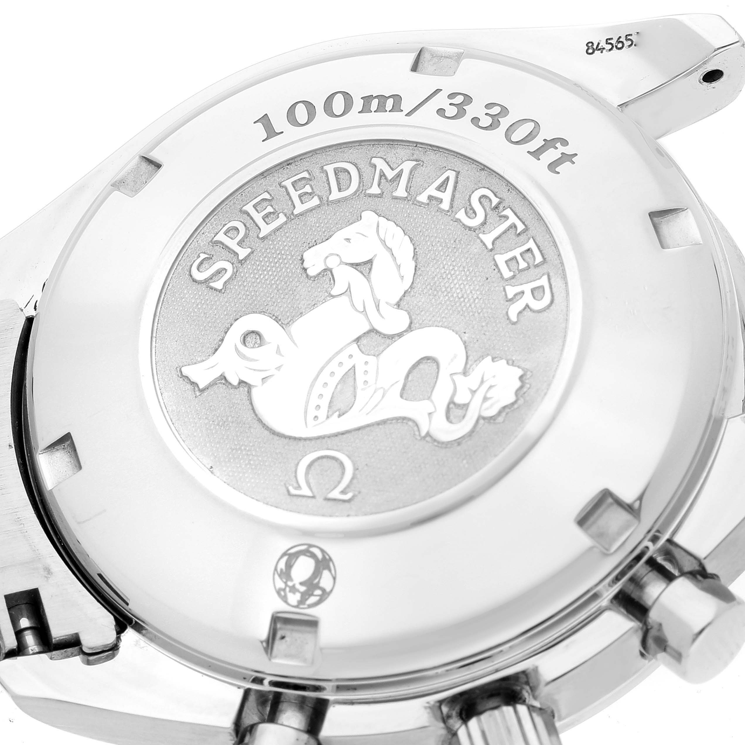 The image shows the back case of an Omega Speedmaster 3210.50.00 Men
s Stainless Steel Black Dial 3210.50.00 Men
s Stainless Steel Black Dial watch, featuring the engraved logo and water resistance details.