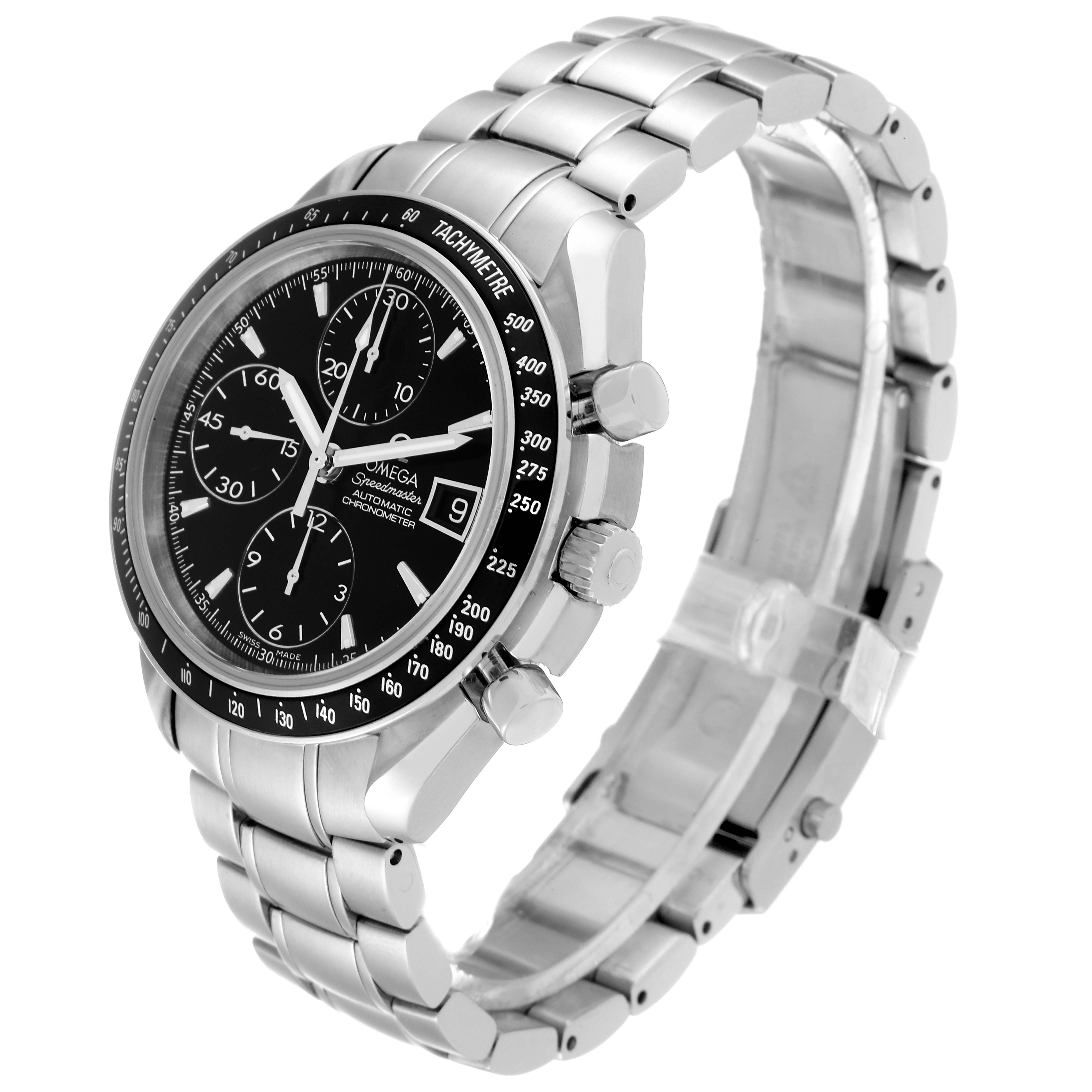 The image shows an Omega Speedmaster 3210.50.00 Men
s Stainless Steel Black Dial 3210.50.00 Men
s Stainless Steel Black Dial watch at a three-quarter angle, highlighting the face, side buttons, and stainless steel bracelet.