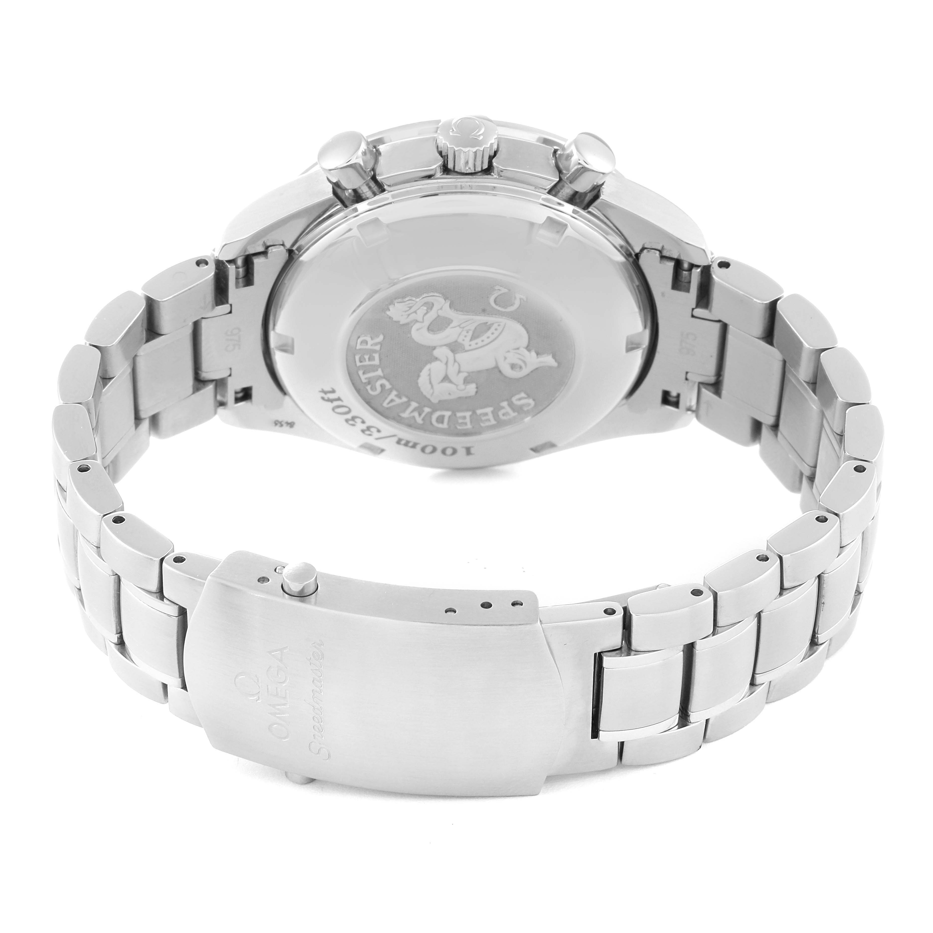 The image shows the back case and bracelet clasp of an Omega Speedmaster 3210.50.00 Men
s Stainless Steel Black Dial 3210.50.00 Men
s Stainless Steel Black Dial watch, angled from the rear.