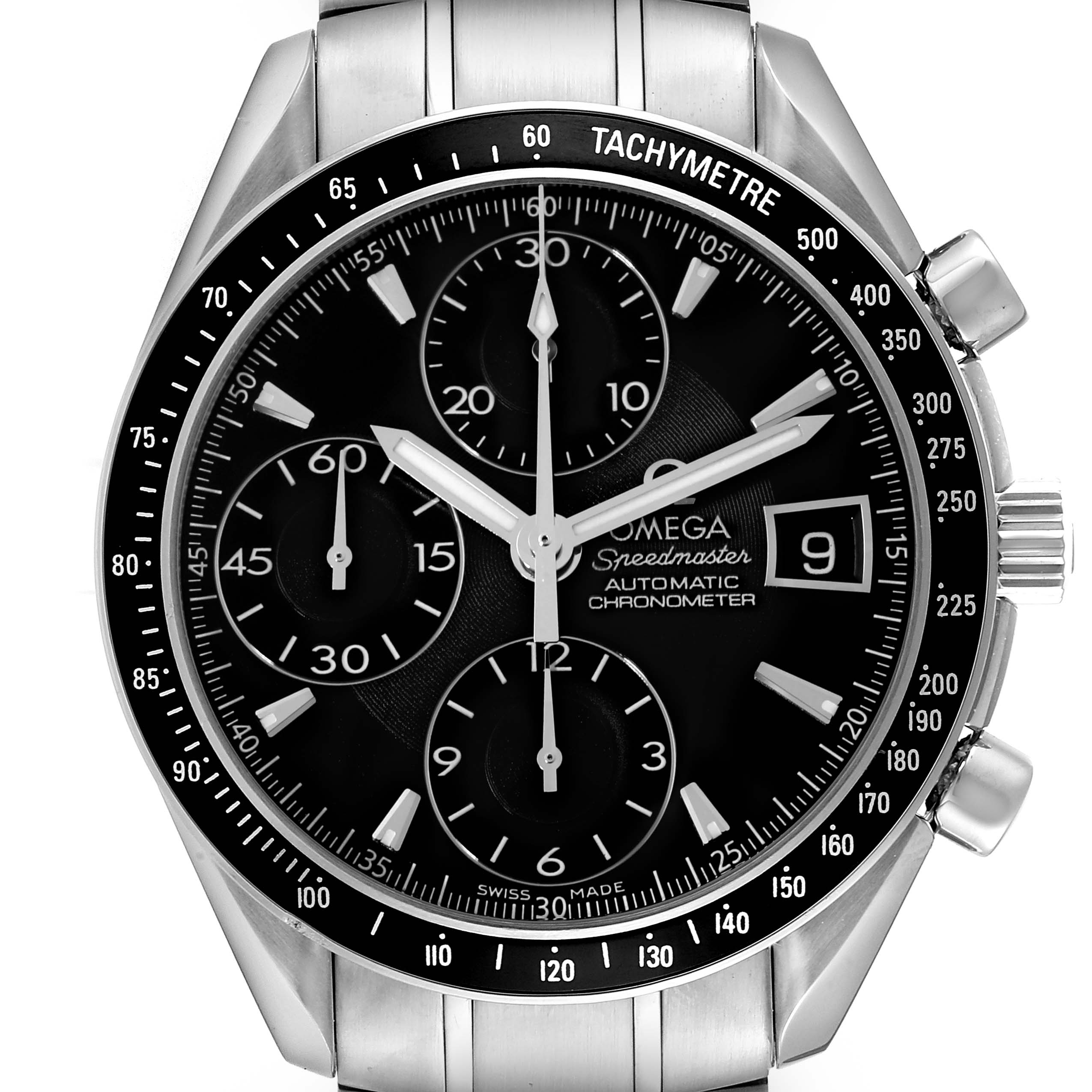 The image shows a front view of the Omega Speedmaster 3210.50.00 Men
s Stainless Steel Black Dial 3210.50.00 Men
s Stainless Steel Black Dial watch, highlighting its black dial, three subdials, and tachymeter bezel.