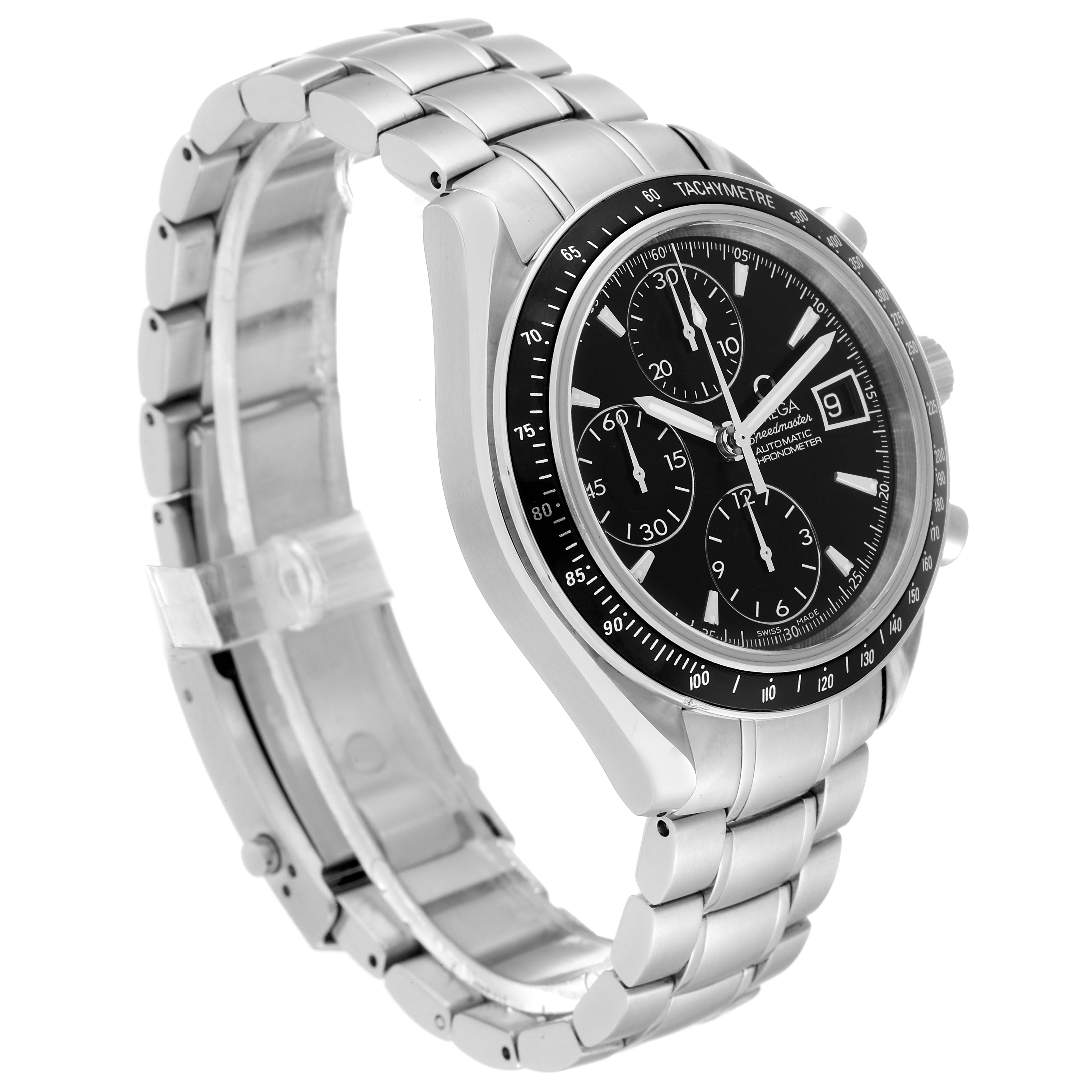 The Omega Speedmaster 3210.50.00 Men
s Stainless Steel Black Dial 3210.50.00 Men
s Stainless Steel Black Dial watch is shown at an angled side view, displaying its stainless steel bracelet, black dial, and tachymeter bezel.