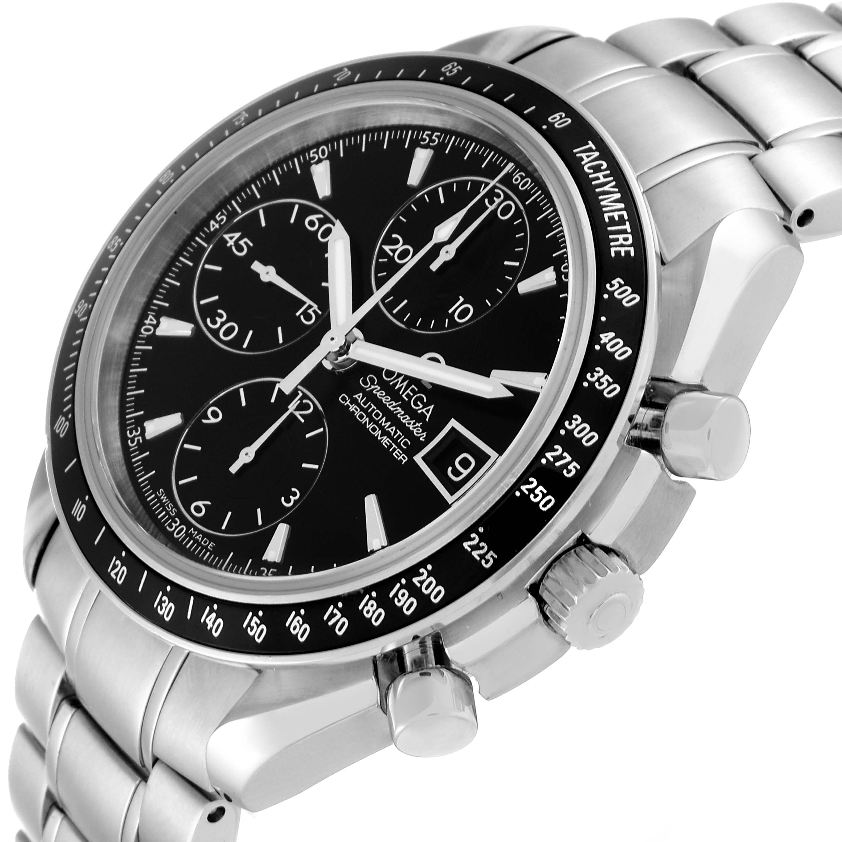 The image shows an angled view of an Omega Speedmaster 3210.50.00 Men
s Stainless Steel Black Dial 3210.50.00 Men
s Stainless Steel Black Dial watch, highlighting its black dial, subdials, bezel, and metal bracelet.