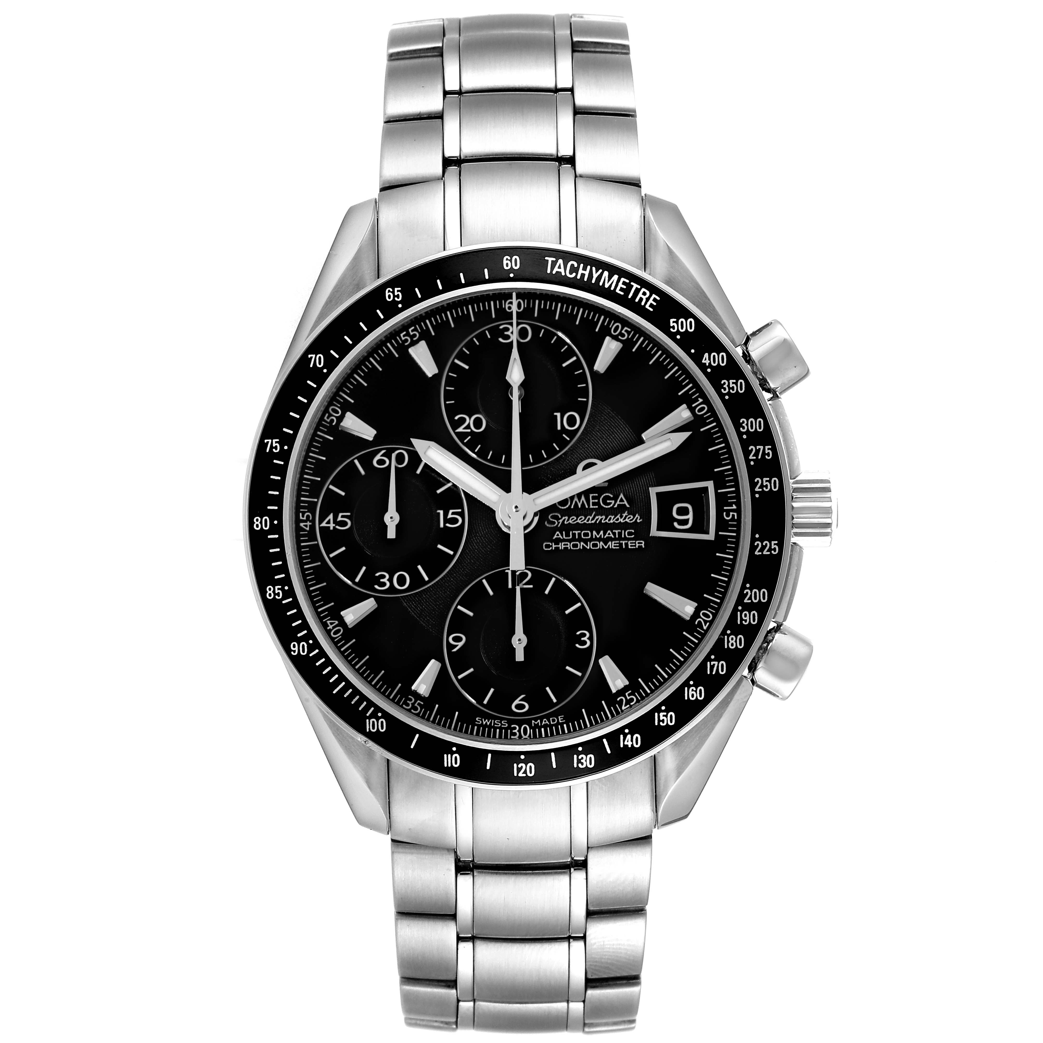 This Omega Speedmaster 3210.50.00 Men
s Stainless Steel Black Dial 3210.50.00 Men
s Stainless Steel Black Dial watch is shown from a front angle displaying its dial, chronograph sub-dials, and metal bracelet.