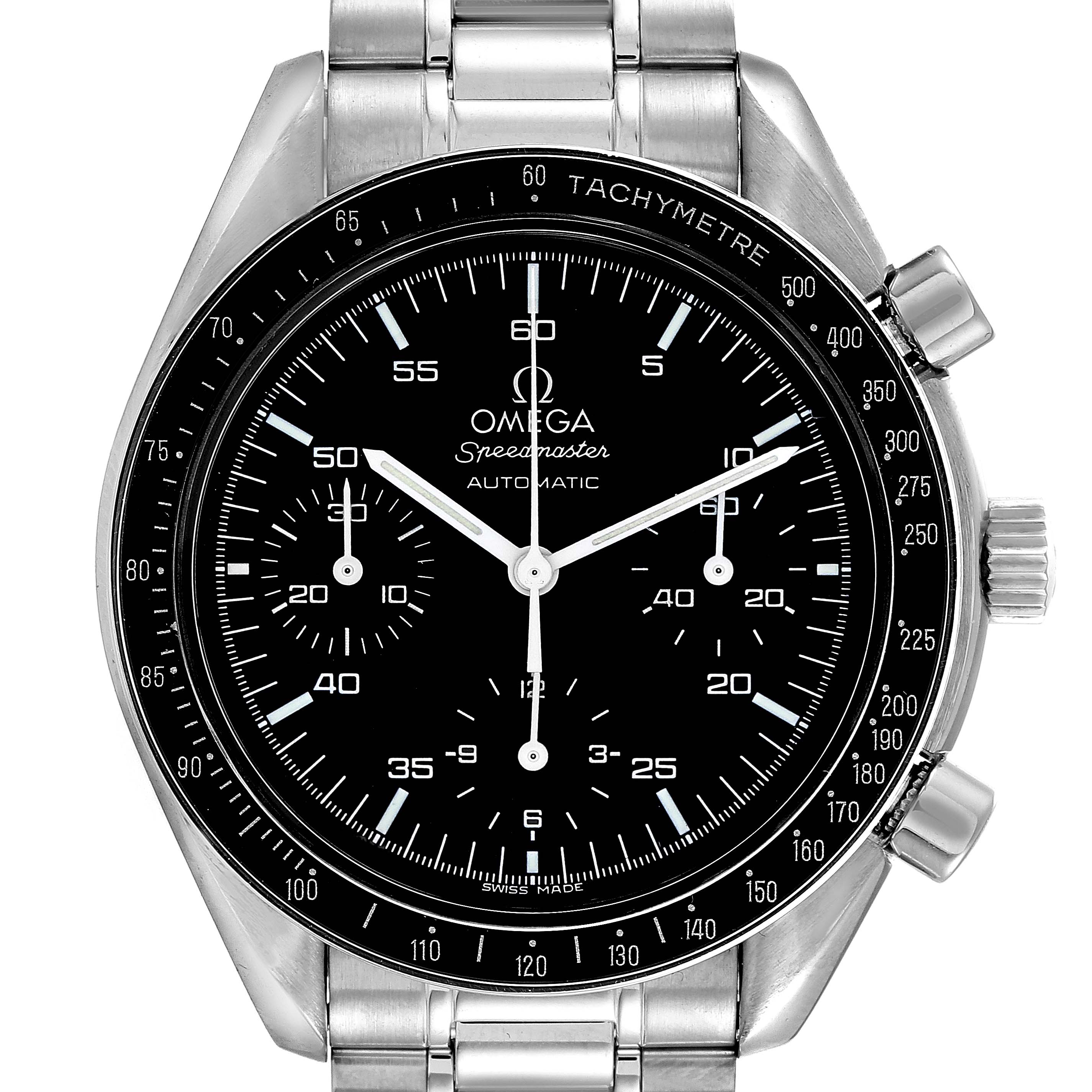 The image shows a front view of an Omega Speedmaster 3510.50.00 Men
s Stainless Steel Black Dial 3510.50.00 Men
s Stainless Steel Black Dial watch, highlighting its dial, subdials, bezel, and stainless steel band.