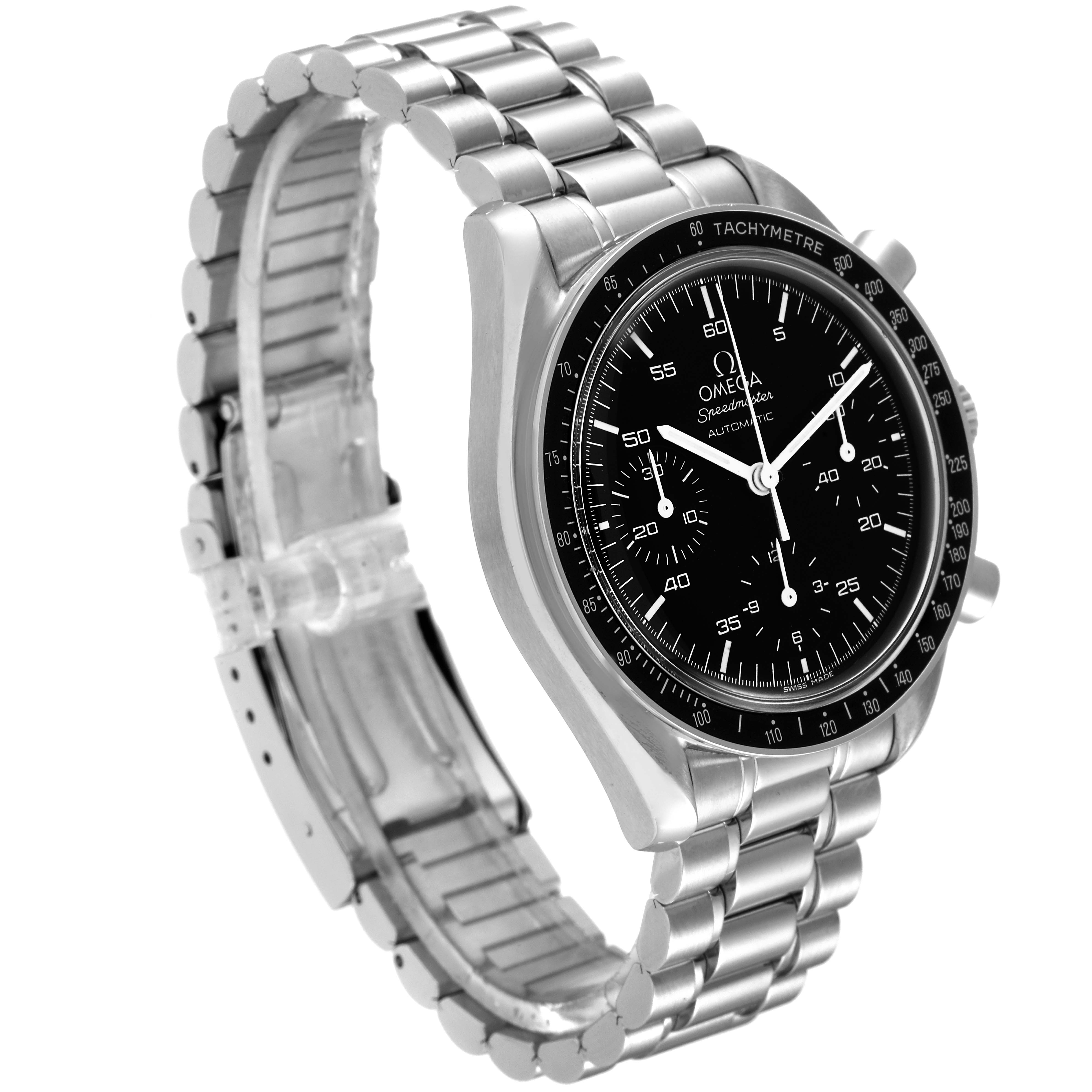 The Omega Speedmaster 3510.50.00 Men
s Stainless Steel Black Dial 3510.50.00 Men
s Stainless Steel Black Dial watch is shown at an angled front view, displaying its stainless steel bracelet and black dial with subdials.