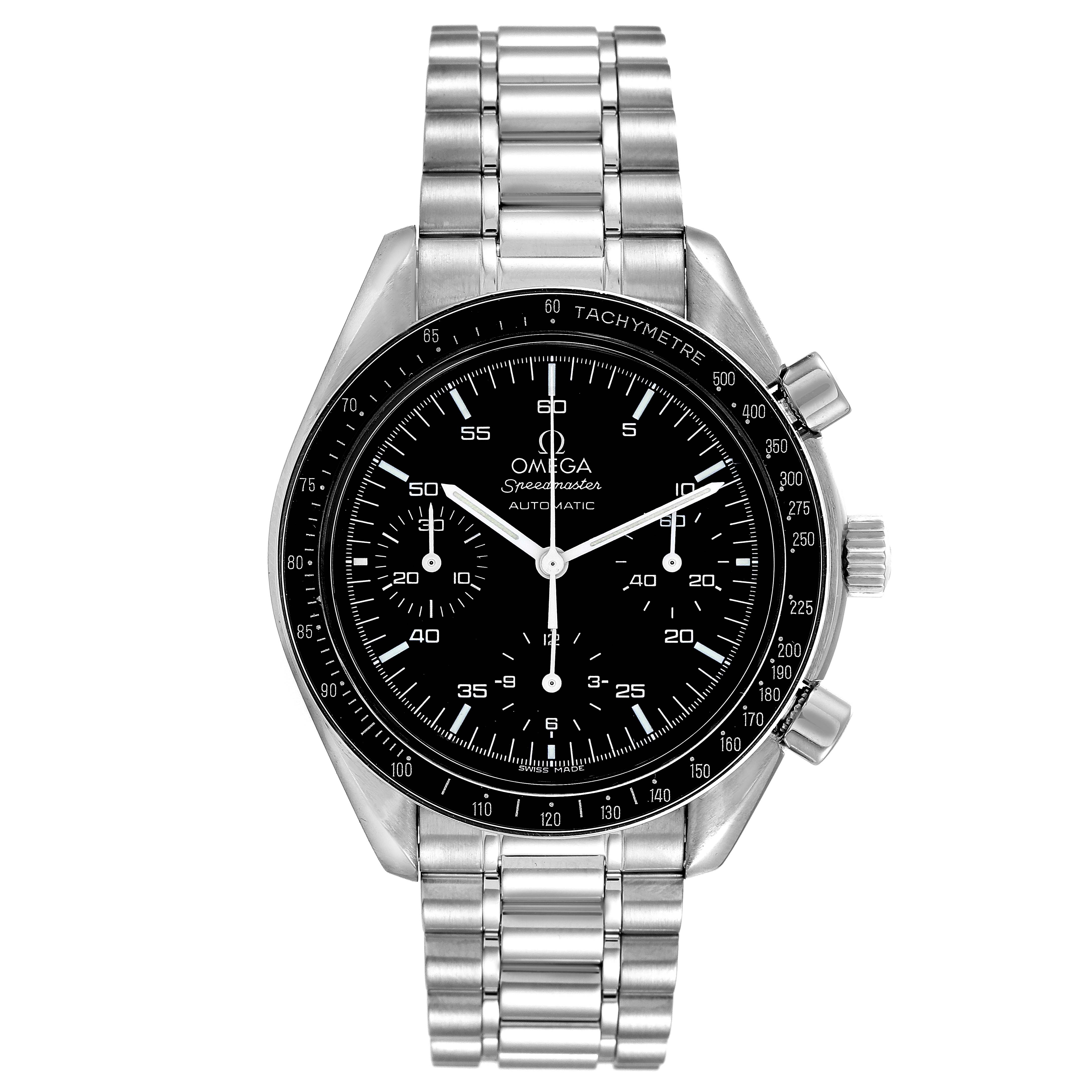 The image shows a front view of the Omega Speedmaster 3510.50.00 Men
s Stainless Steel Black Dial 3510.50.00 Men
s Stainless Steel Black Dial watch, highlighting the face, tachymeter bezel, pushers, and bracelet.