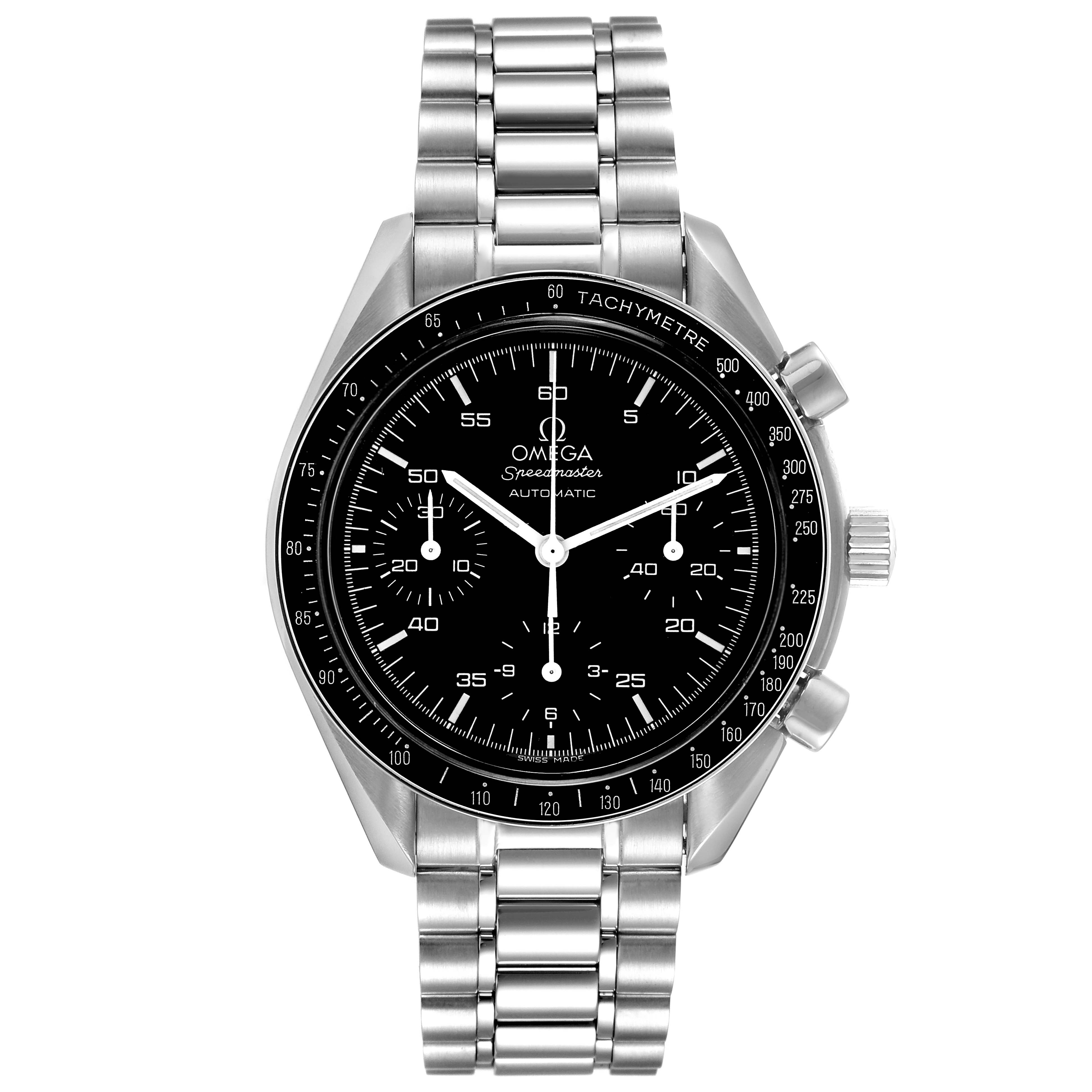 This Omega Speedmaster 3510.50.00 Men
s Stainless Steel Black Dial 3510.50.00 Men
s Stainless Steel Black Dial watch is shown from a front view, displaying the dial, bezel, case, and metal bracelet.