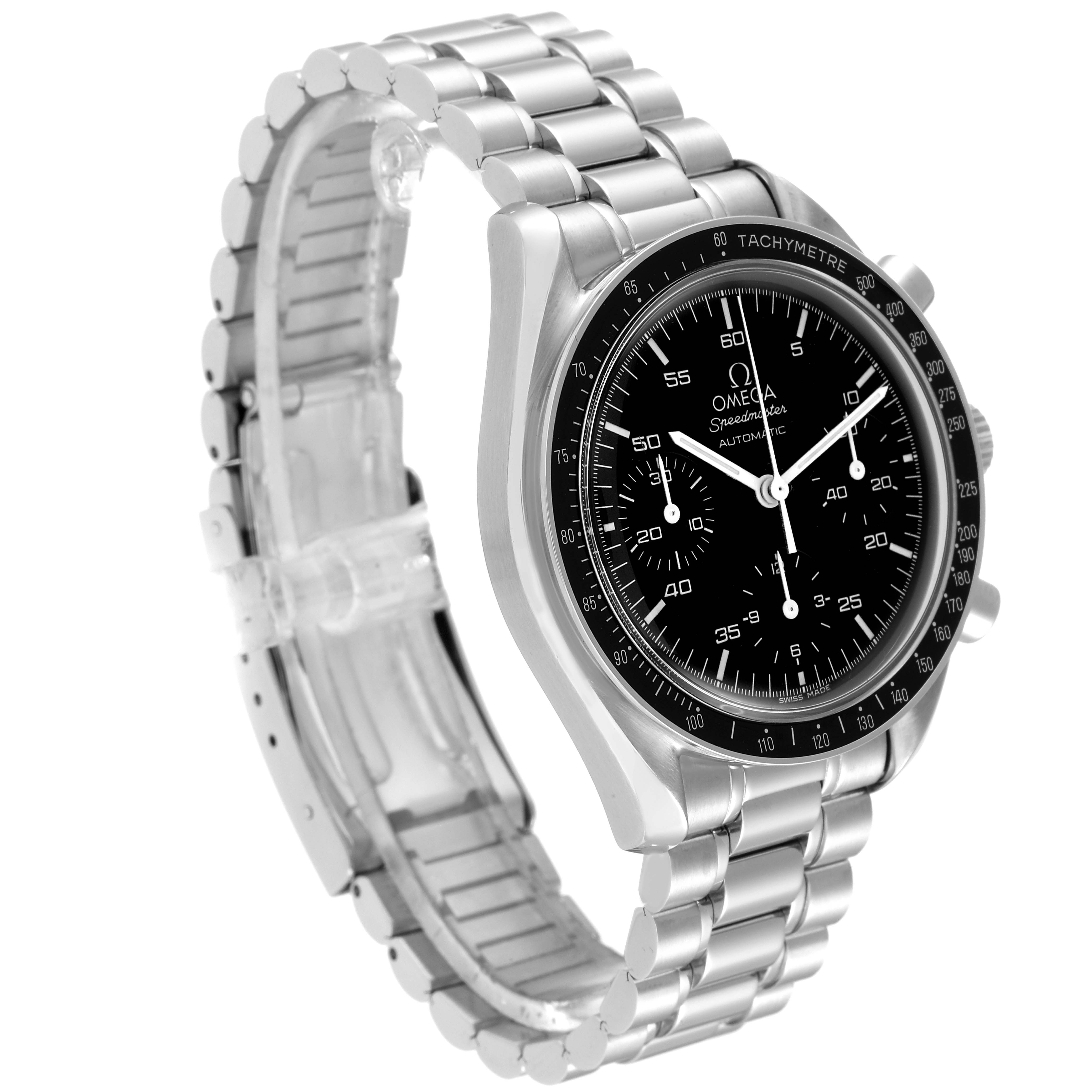 The image shows an angled view of an Omega Speedmaster 3510.50.00 Men
s Stainless Steel Black Dial 3510.50.00 Men
s Stainless Steel Black Dial watch, displaying its stainless steel bracelet and black dial with chronograph functions.