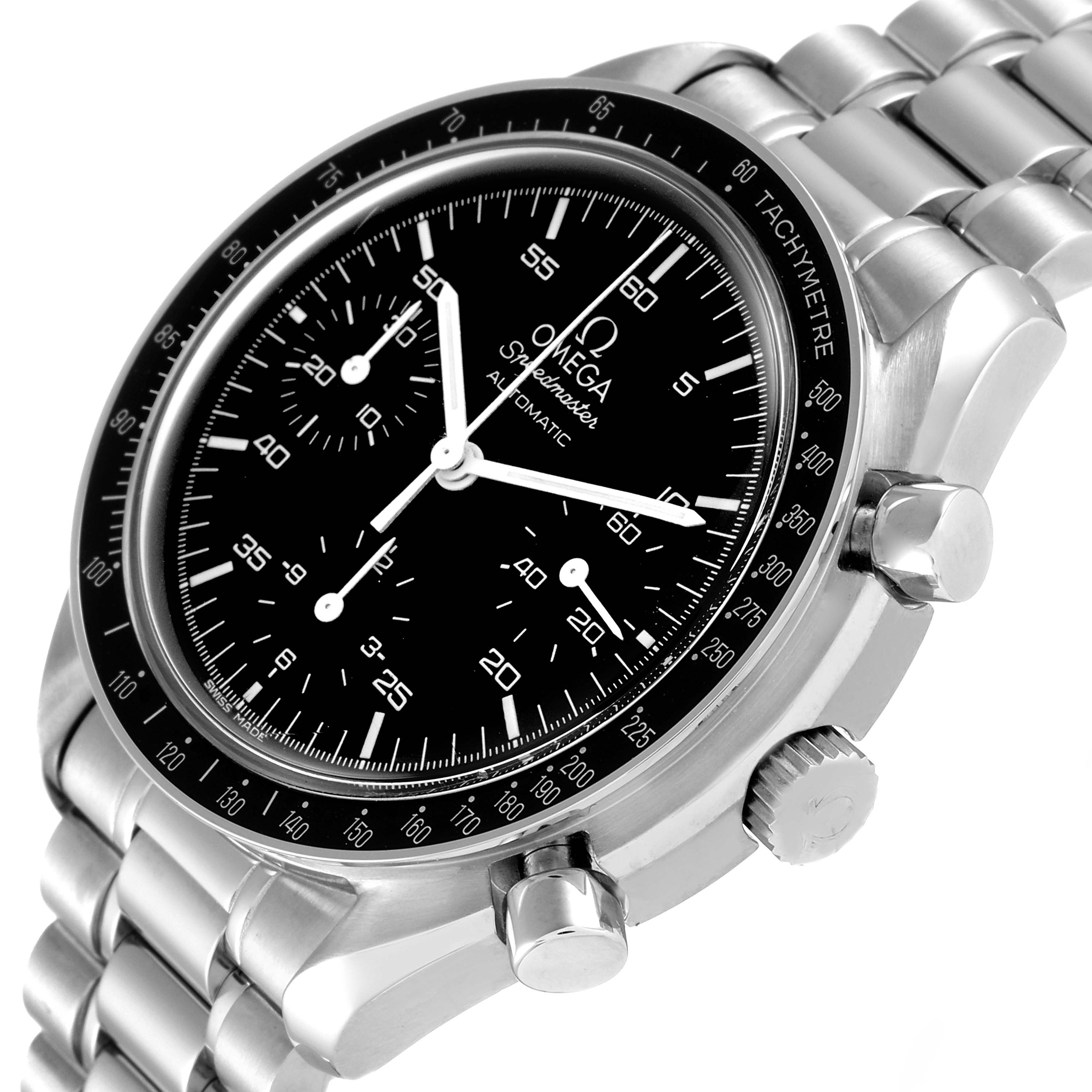 The image shows an Omega Speedmaster 3510.50.00 Men
s Stainless Steel Black Dial 3510.50.00 Men
s Stainless Steel Black Dial watch at a slightly angled side view, highlighting the dial, bezel, crown, and chronograph pushers.