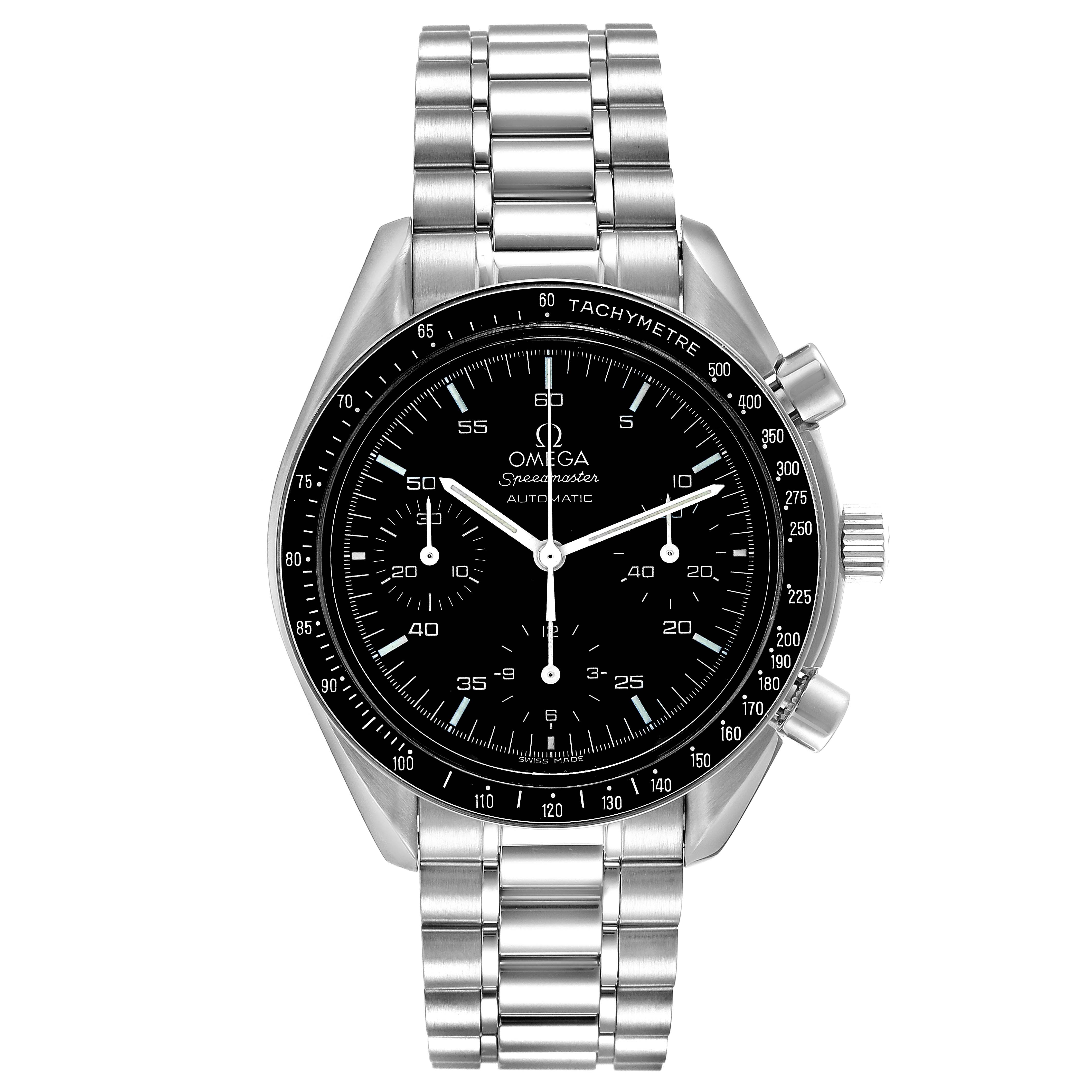 This image shows a front view of the Omega Speedmaster 3510.50.00 Men
s Stainless Steel Black Dial 3510.50.00 Men
s Stainless Steel Black Dial watch, displaying its face, bezel, and metal bracelet.