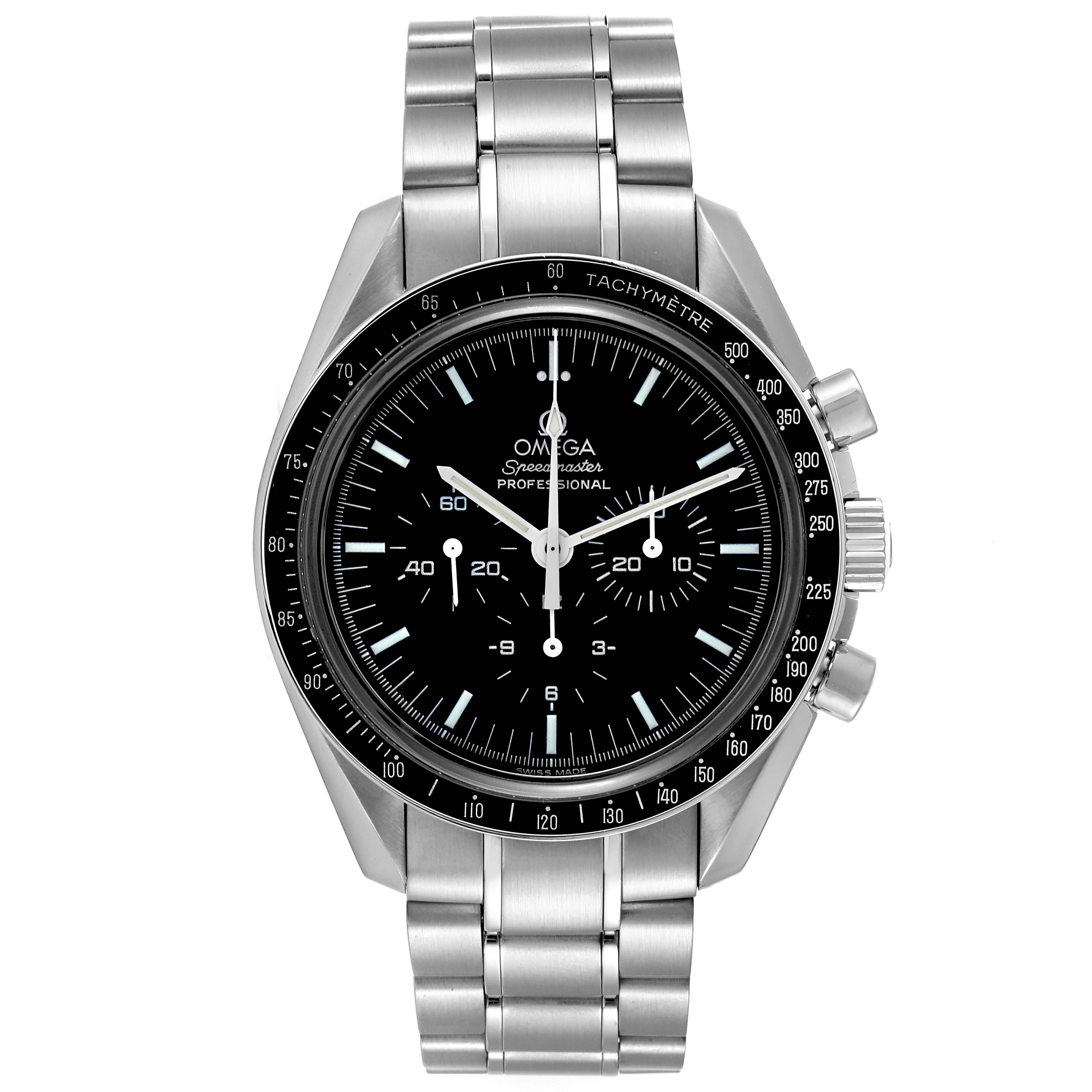 The image shows a frontal view of the Omega Speedmaster 3573.50.00 Men
s Stainless Steel Black Dial 3573.50.00 Men
s Stainless Steel Black Dial watch, displaying its black dial, bezel, and stainless steel bracelet.