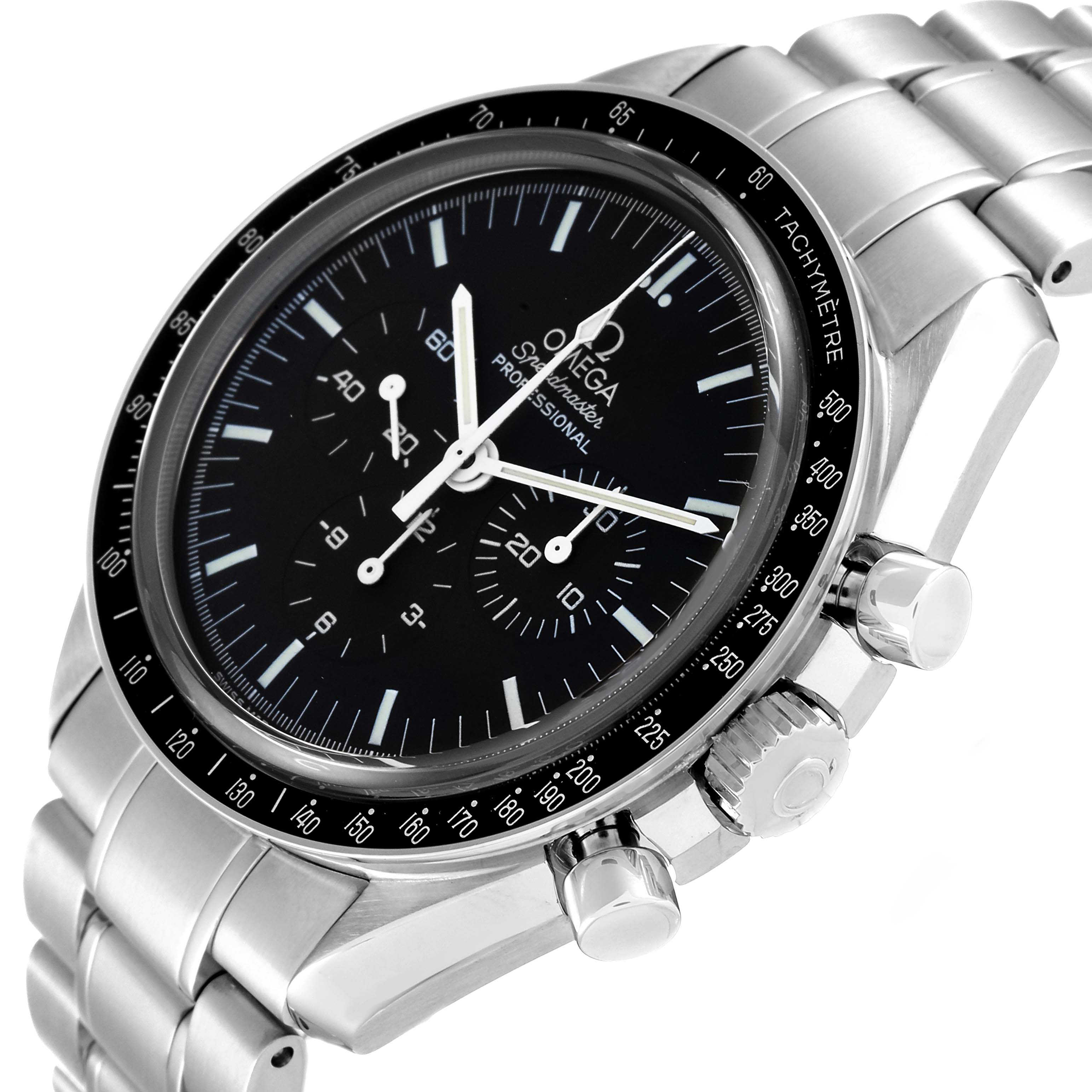 The image shows an Omega Speedmaster 3573.50.00 Men
s Stainless Steel Black Dial 3573.50.00 Men
s Stainless Steel Black Dial watch at an angle, highlighting its chronograph face, bezel, crown, and pushers.
