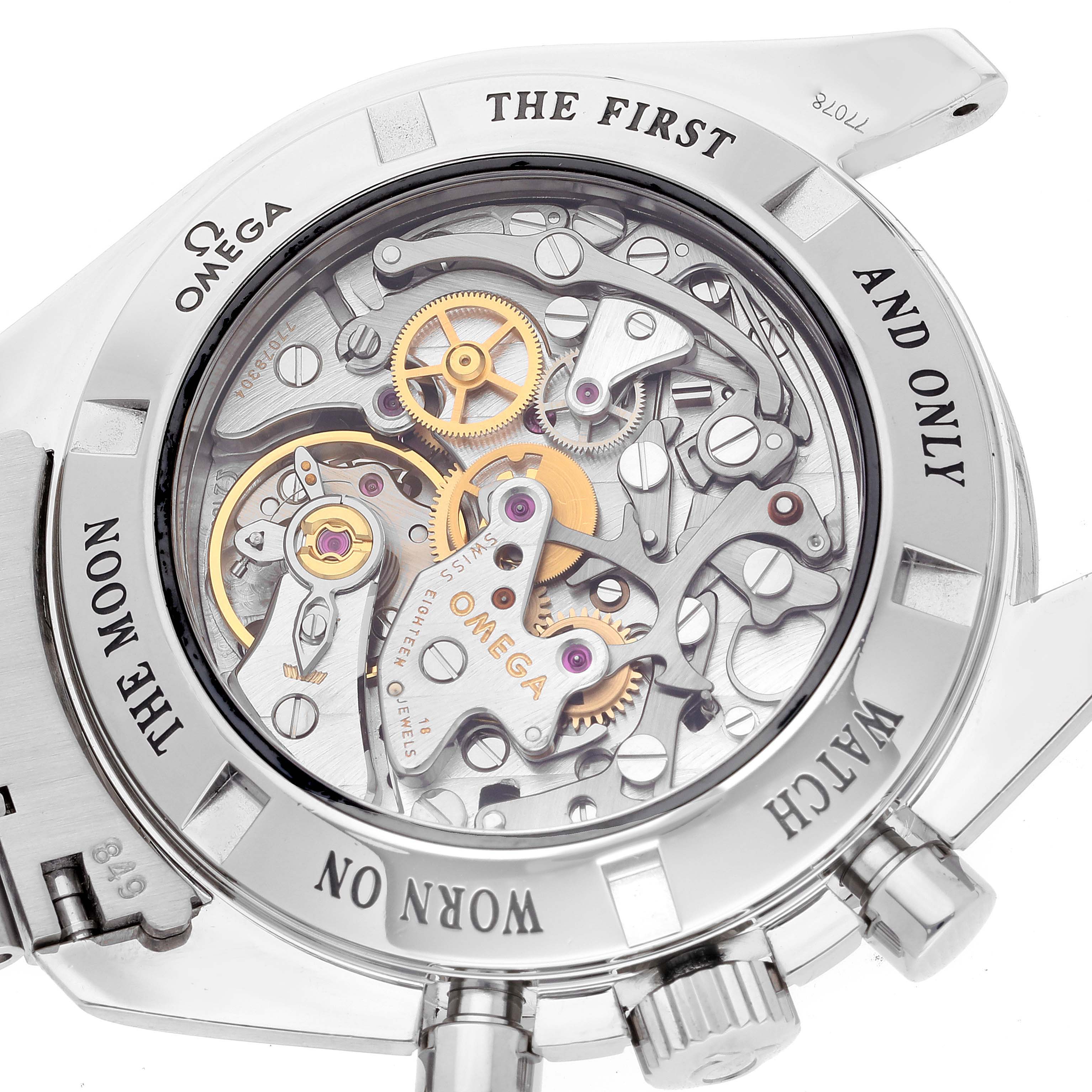 This image shows the case back of an Omega Speedmaster 3573.50.00 Men
s Stainless Steel Black Dial 3573.50.00 Men
s Stainless Steel Black Dial, revealing its intricate mechanical movement.