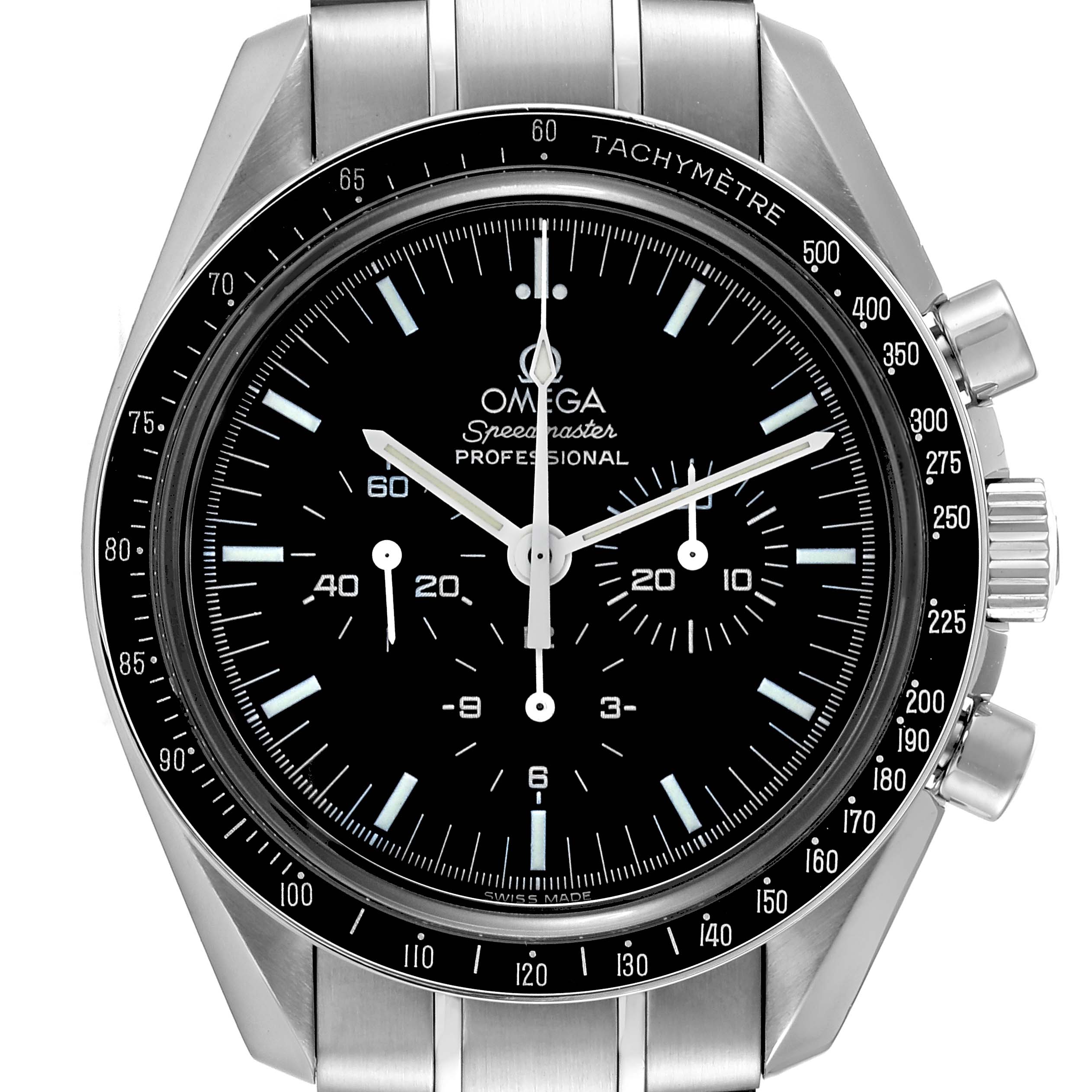 The image shows a front view of the Omega Speedmaster 3573.50.00 Men
s Stainless Steel Black Dial 3573.50.00 Men
s Stainless Steel Black Dial watch, highlighting the dial, tachymeter bezel, and side pushers.