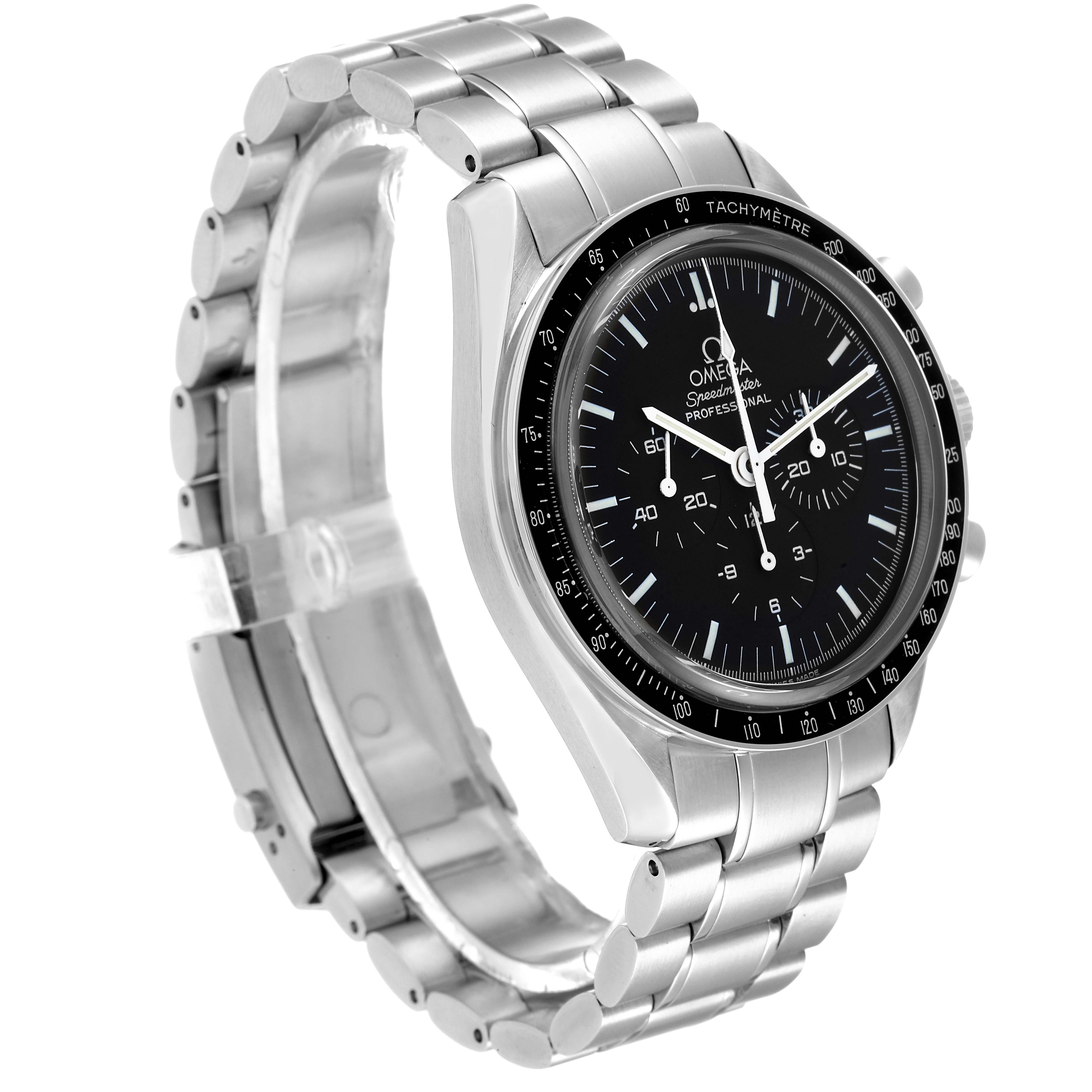 The Omega Speedmaster 3573.50.00 Men
s Stainless Steel Black Dial 3573.50.00 Men
s Stainless Steel Black Dial watch is shown at a 3/4 angle, displaying its stainless steel case, tachymeter bezel, and bracelet.