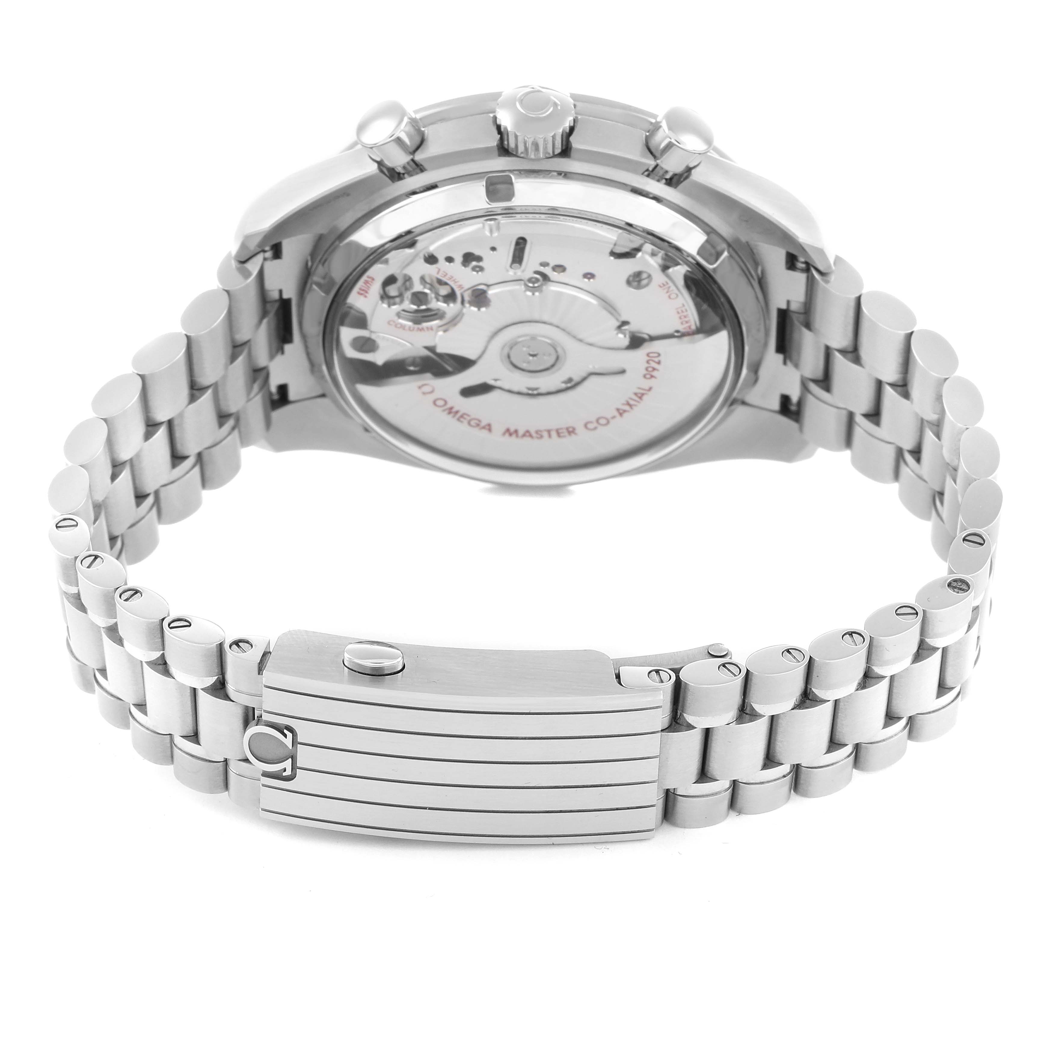 The image shows the back and side of the Omega Speedmaster 329.30.44.51.01.003 Men
s Stainless Steel Black Dial, highlighting the movement and metal bracelet.