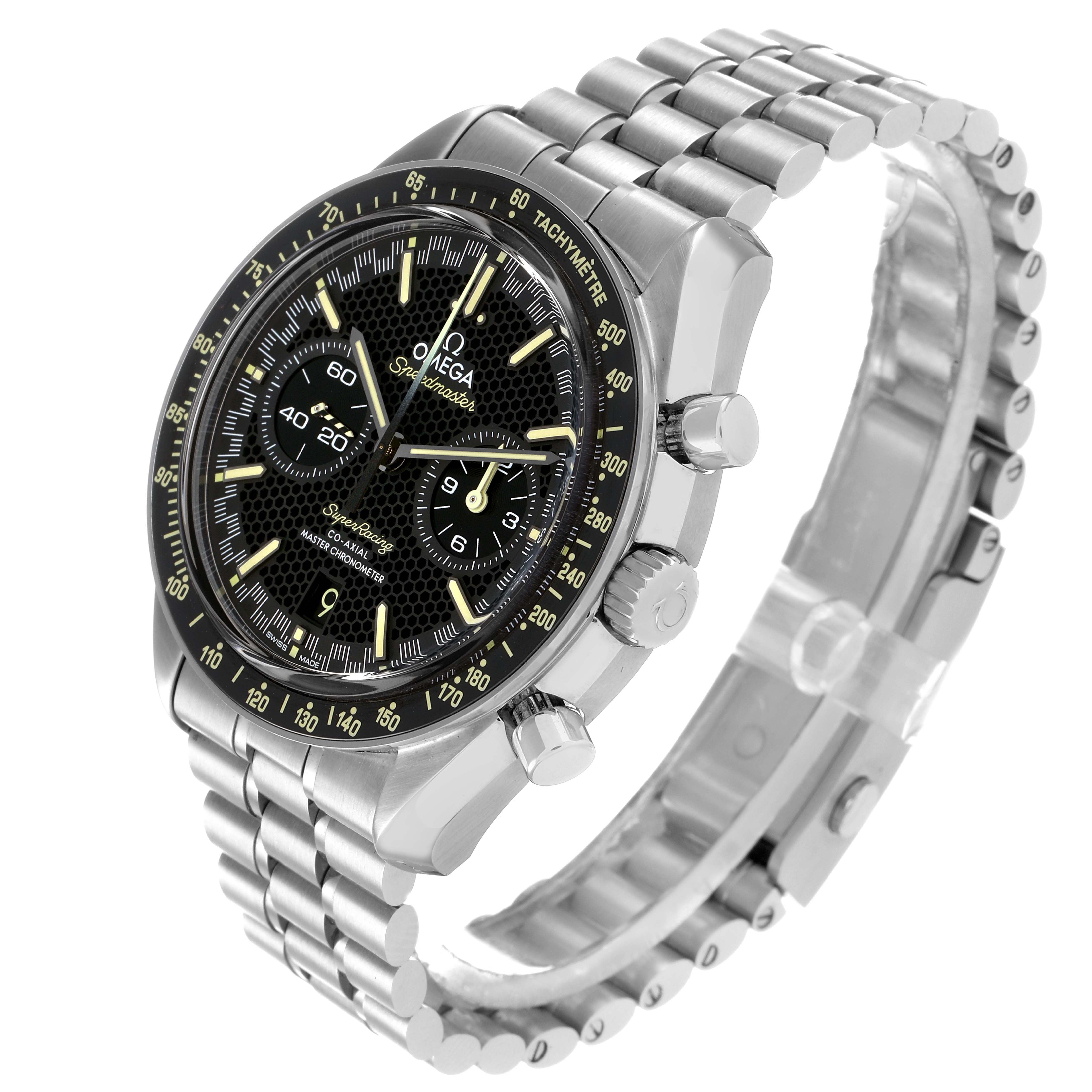 The Omega Speedmaster 329.30.44.51.01.003 Men
s Stainless Steel Black Dial watch is shown at a slight angle, displaying its face, sub-dials, tachymetric scale, and bracelet.