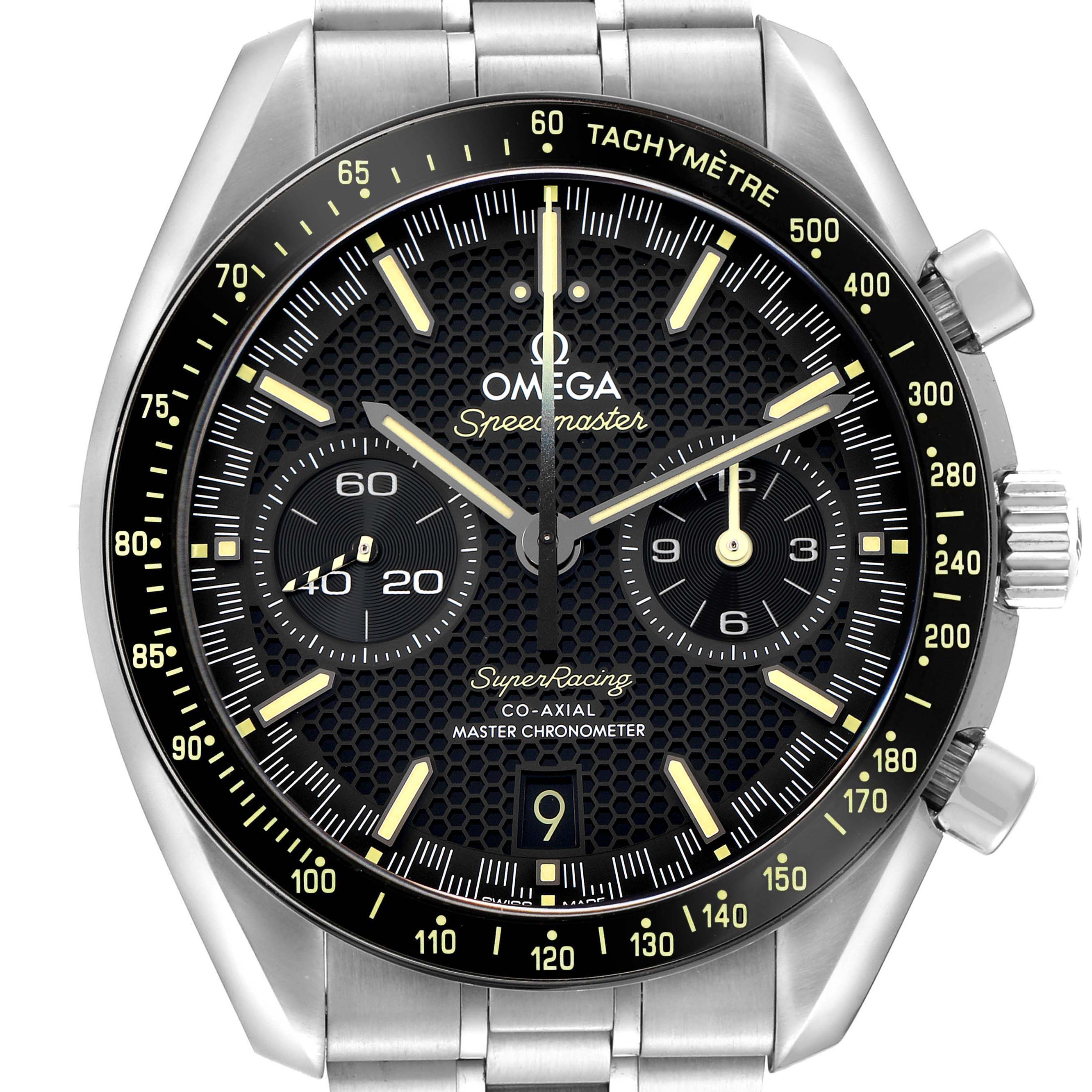The image shows a front view of the Omega Speedmaster 329.30.44.51.01.003 Men
s Stainless Steel Black Dial watch, highlighting the dial, tachymeter bezel, and subdials.