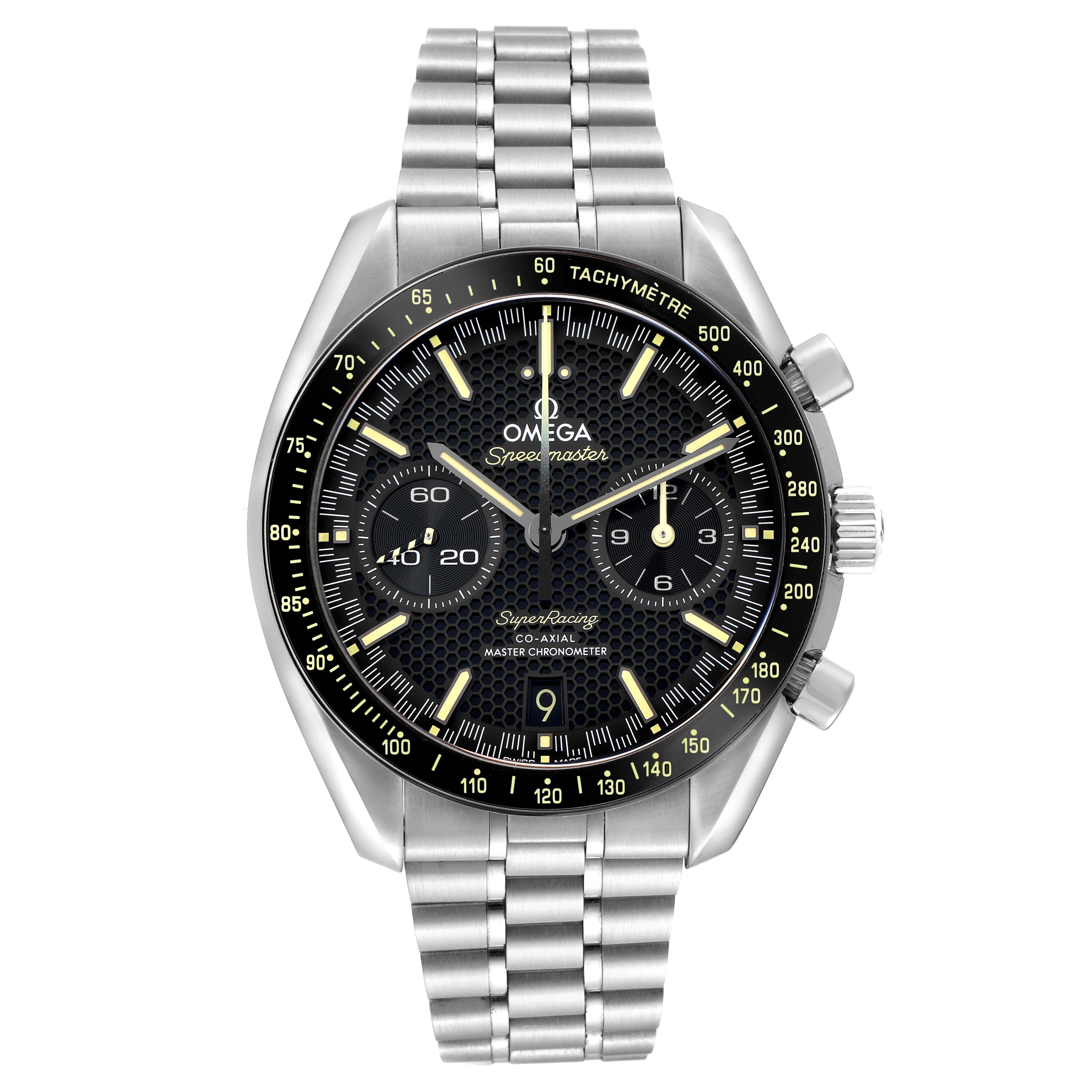 The Omega Speedmaster 329.30.44.51.01.003 Men
s Stainless Steel Black Dial watch is shown from a front view, displaying the dial, bezel, pushers, and metal bracelet.