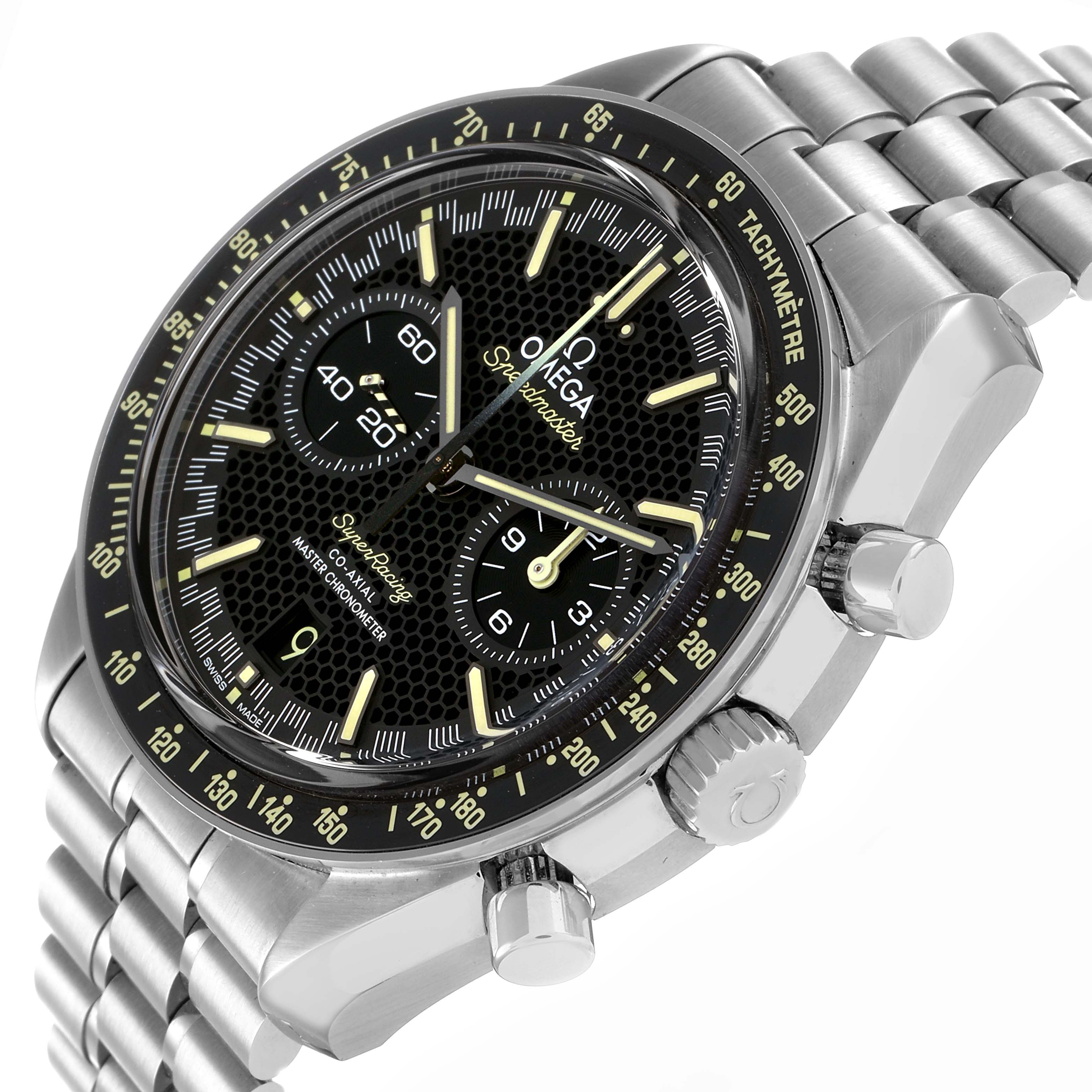 The Omega Speedmaster 329.30.44.51.01.003 Men
s Stainless Steel Black Dial is shown at a slight side angle, displaying the face, crown, pushers, and part of the bracelet.