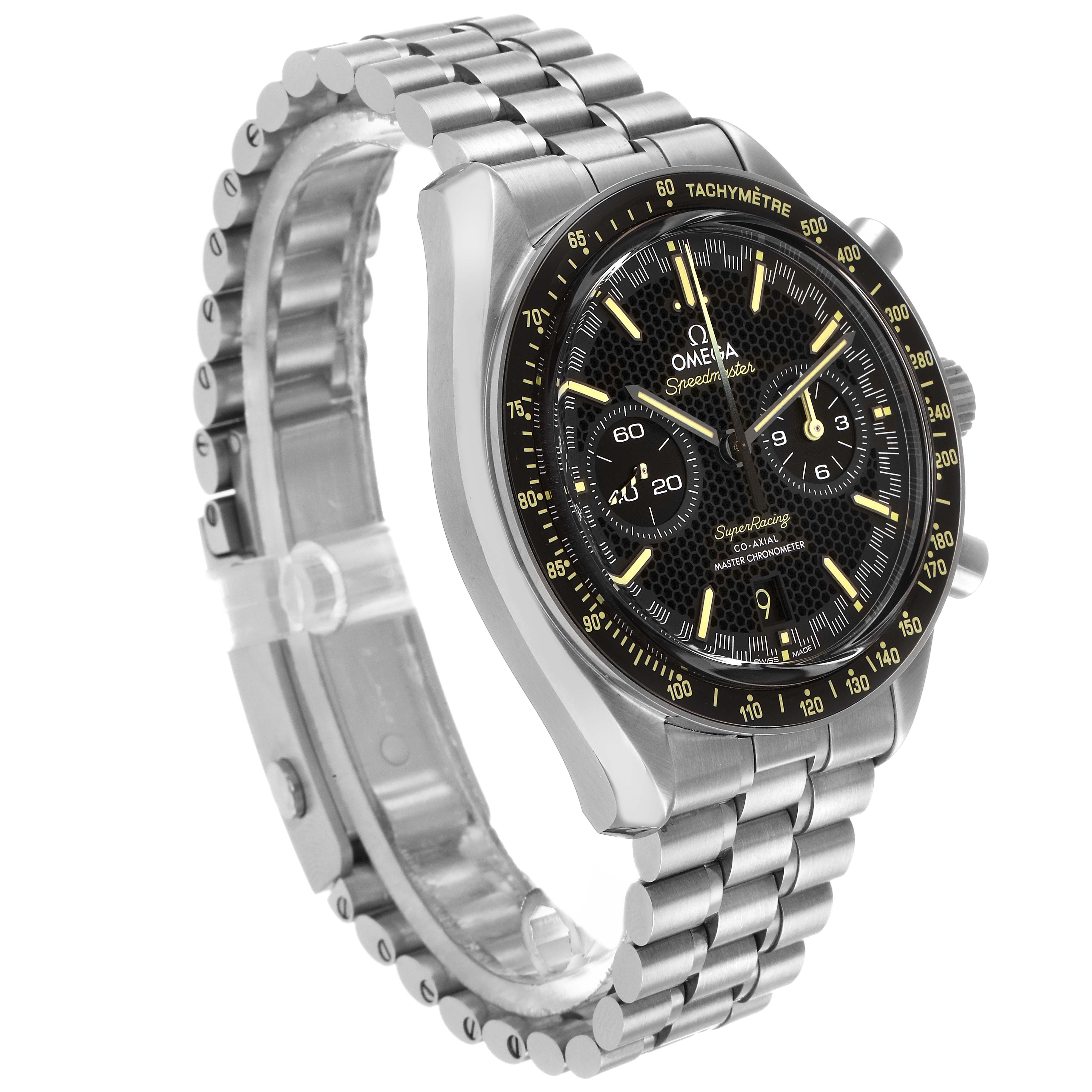 The Omega Speedmaster 329.30.44.51.01.003 Men
s Stainless Steel Black Dial watch is angled to show the front dial, case, and stainless steel bracelet.