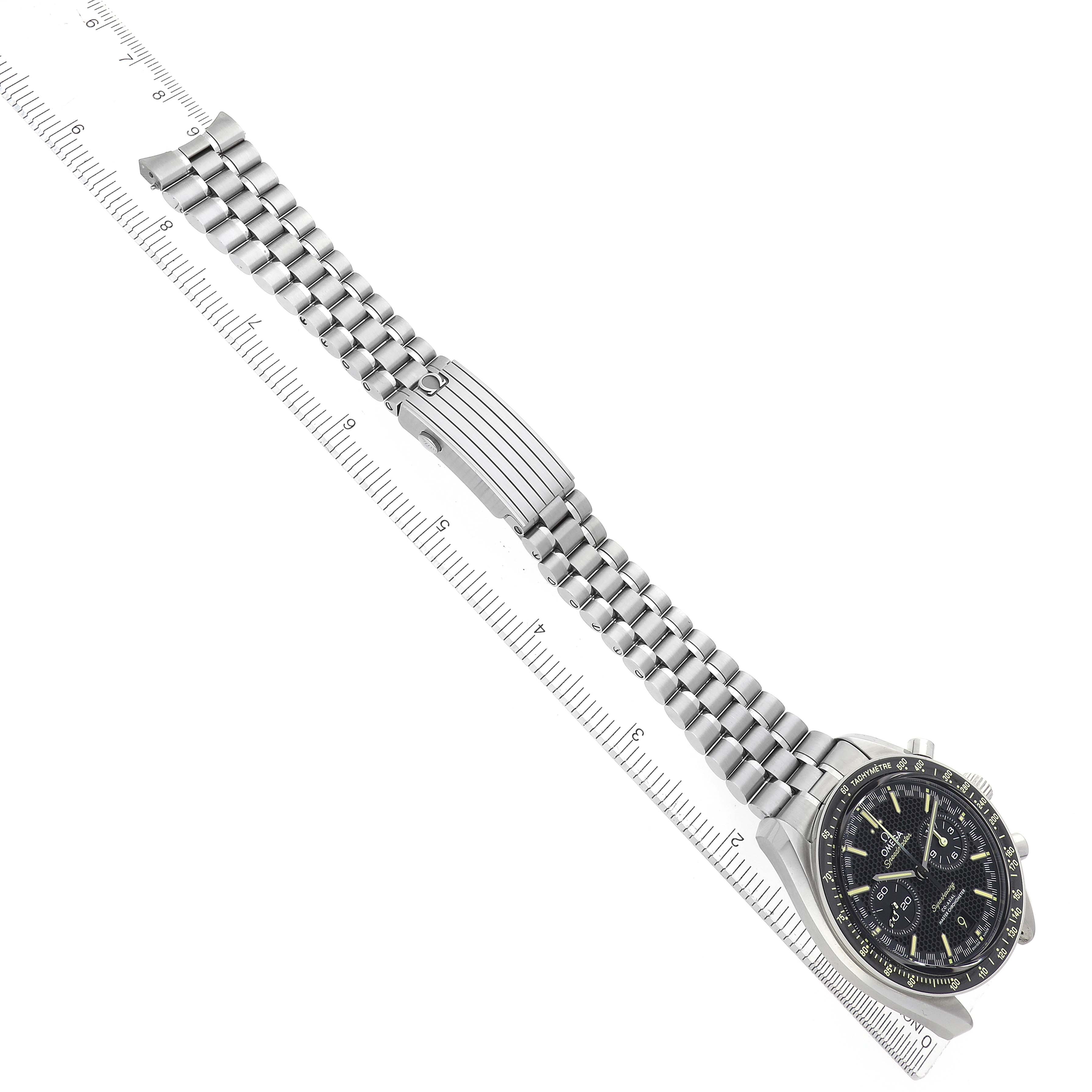 The Omega Speedmaster 329.30.44.51.01.003 Men
s Stainless Steel Black Dial watch is shown at a diagonal angle with its full bracelet and clasp visible.