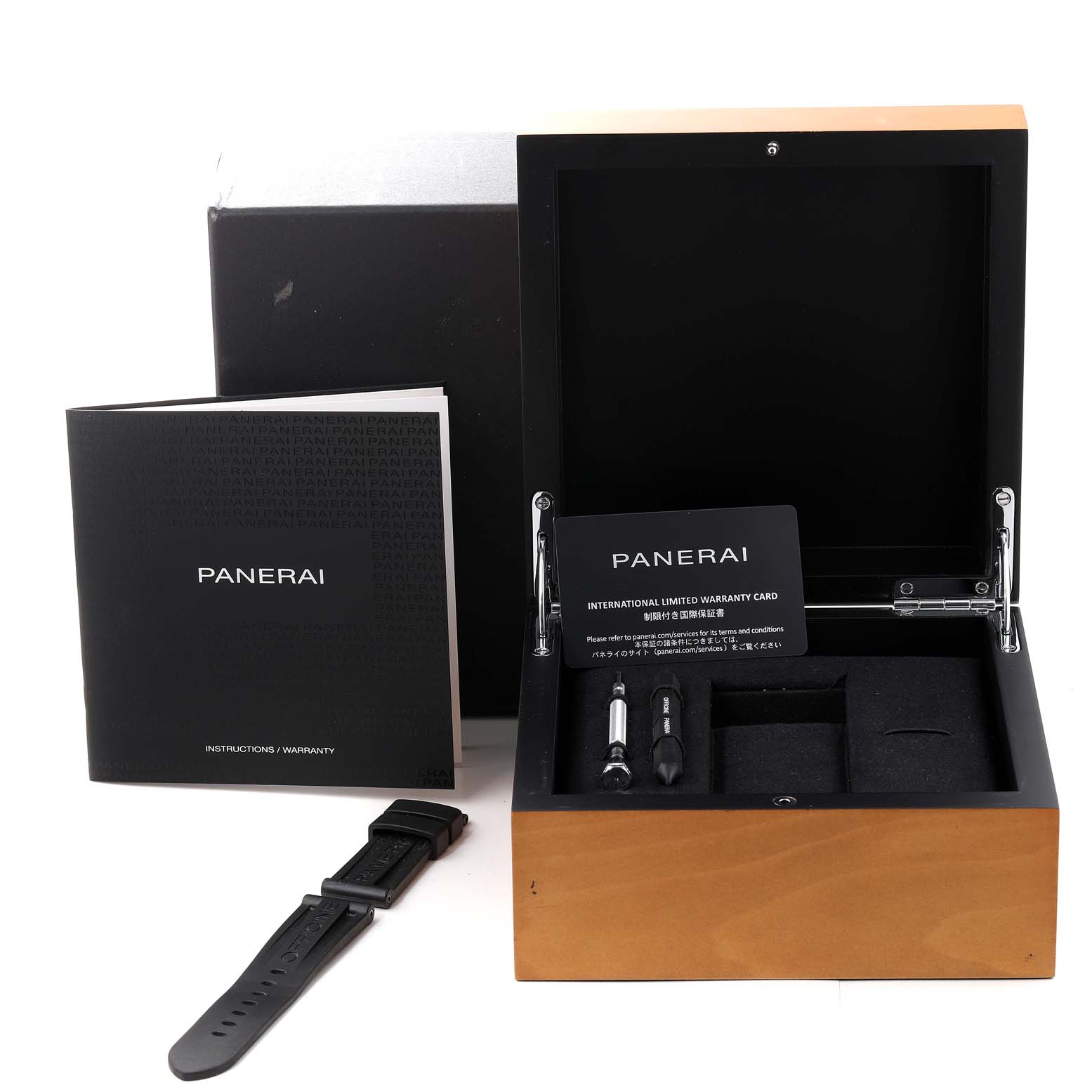 This image shows the packaging, warranty card, additional strap, tools, and booklet for a Panerai Luminor PAM01109 Men's Stainless Steel Black Dial PAM01109 Men's Stainless Steel Black Dial watch.