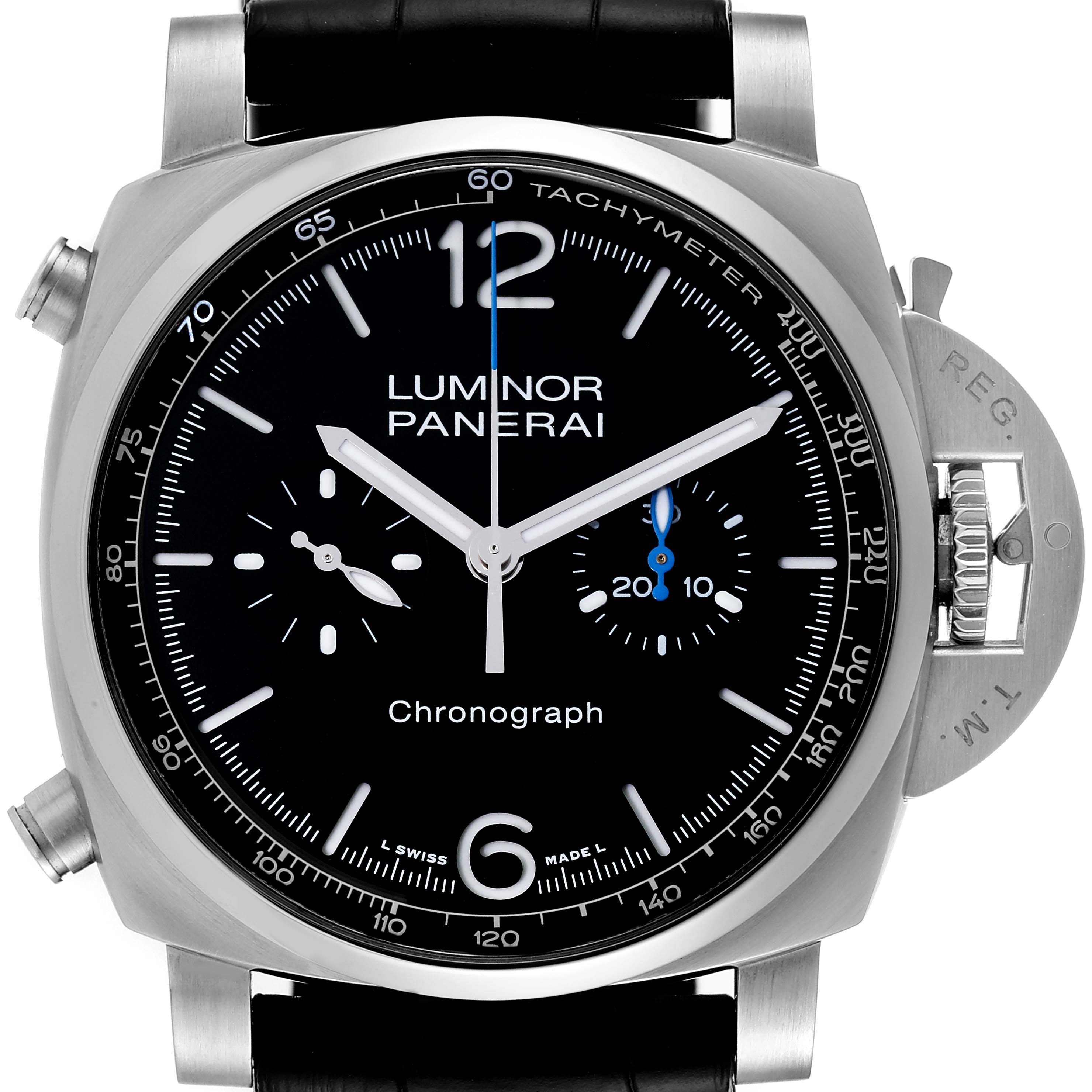 The image shows a front view of the Panerai Luminor PAM01109 Men's Stainless Steel Black Dial PAM01109 Men's Stainless Steel Black Dial chronograph watch, highlighting its dial and case details.