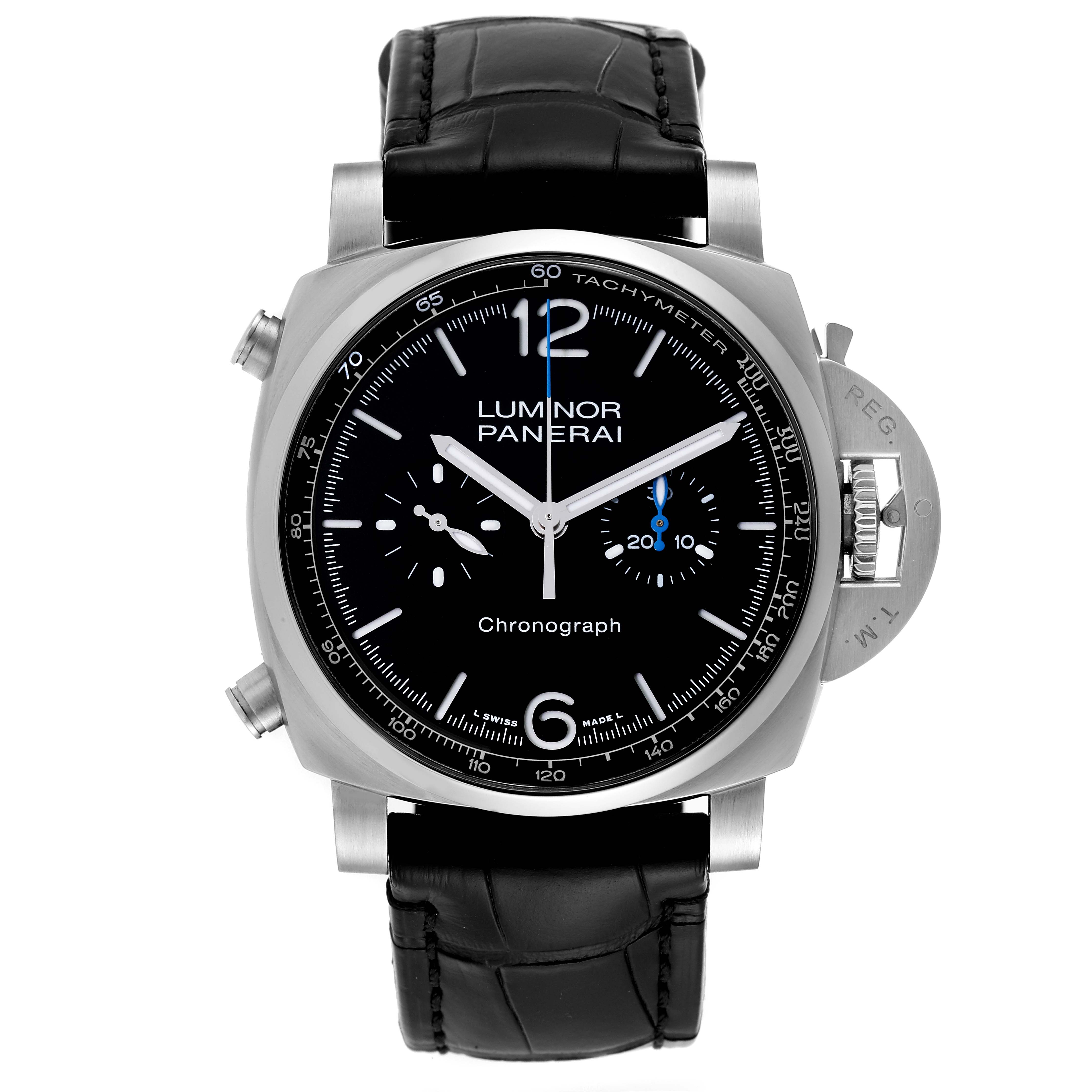 This image shows a front view of a Panerai Luminor PAM01109 Men's Stainless Steel Black Dial PAM01109 Men's Stainless Steel Black Dial Chronograph watch, displaying its face, bezel, and strap.