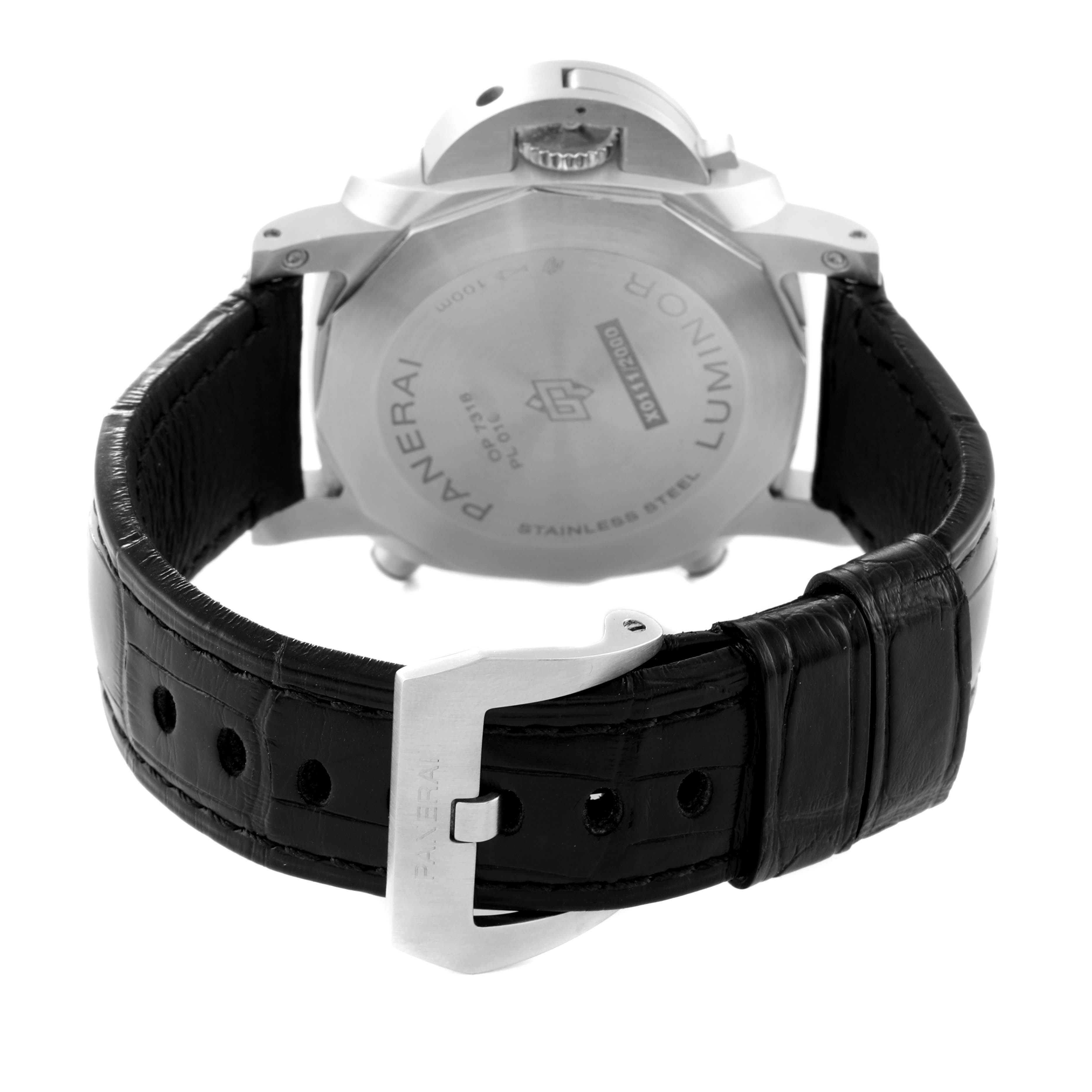 The image shows the rear view of a Panerai Luminor PAM01109 Men's Stainless Steel Black Dial PAM01109 Men's Stainless Steel Black Dial watch, highlighting the case back, crown guard, and leather strap with the buckle.