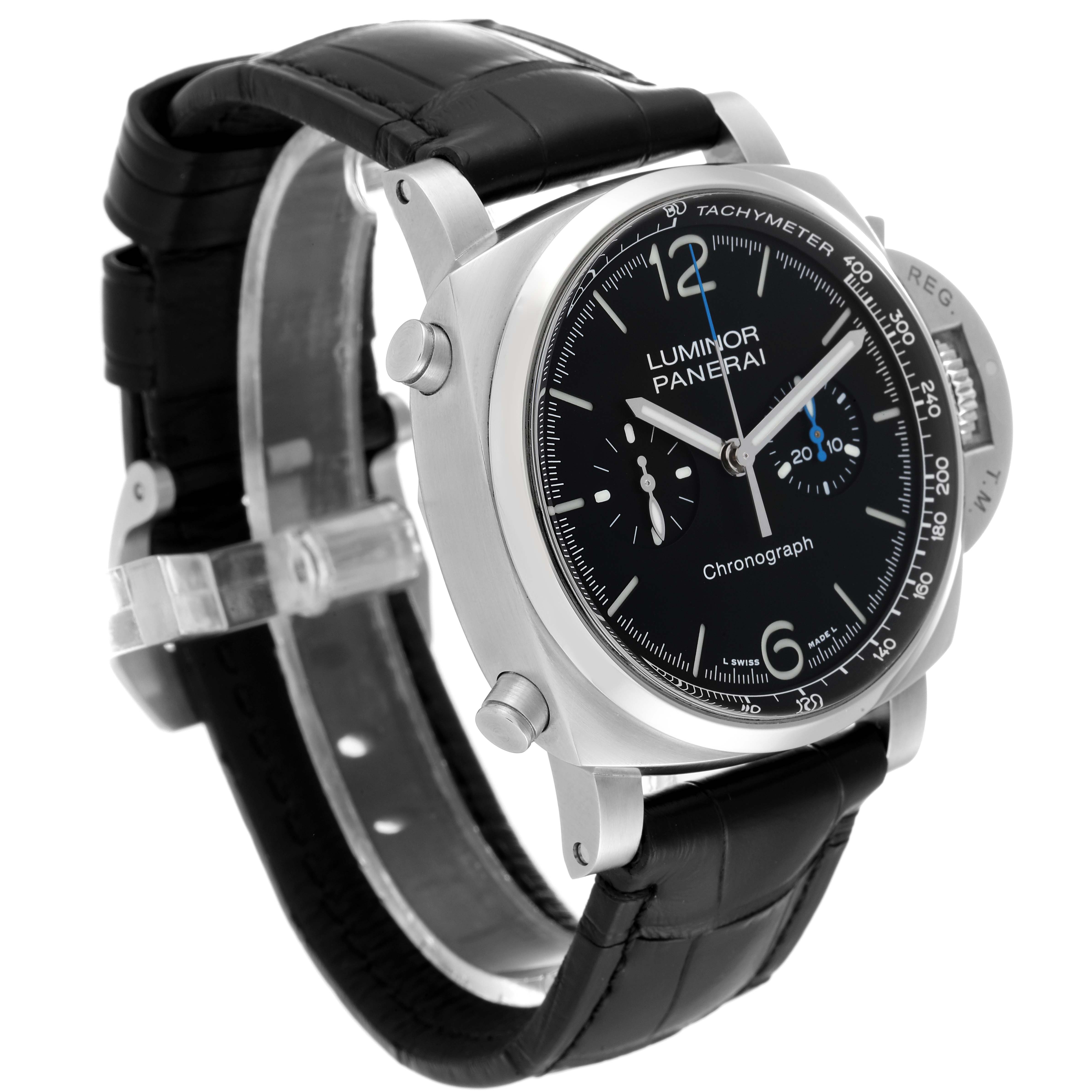 The image shows a Panerai Luminor PAM01109 Men's Stainless Steel Black Dial PAM01109 Men's Stainless Steel Black Dial chronograph watch at a three-quarter angle, highlighting the face, crown, and strap.