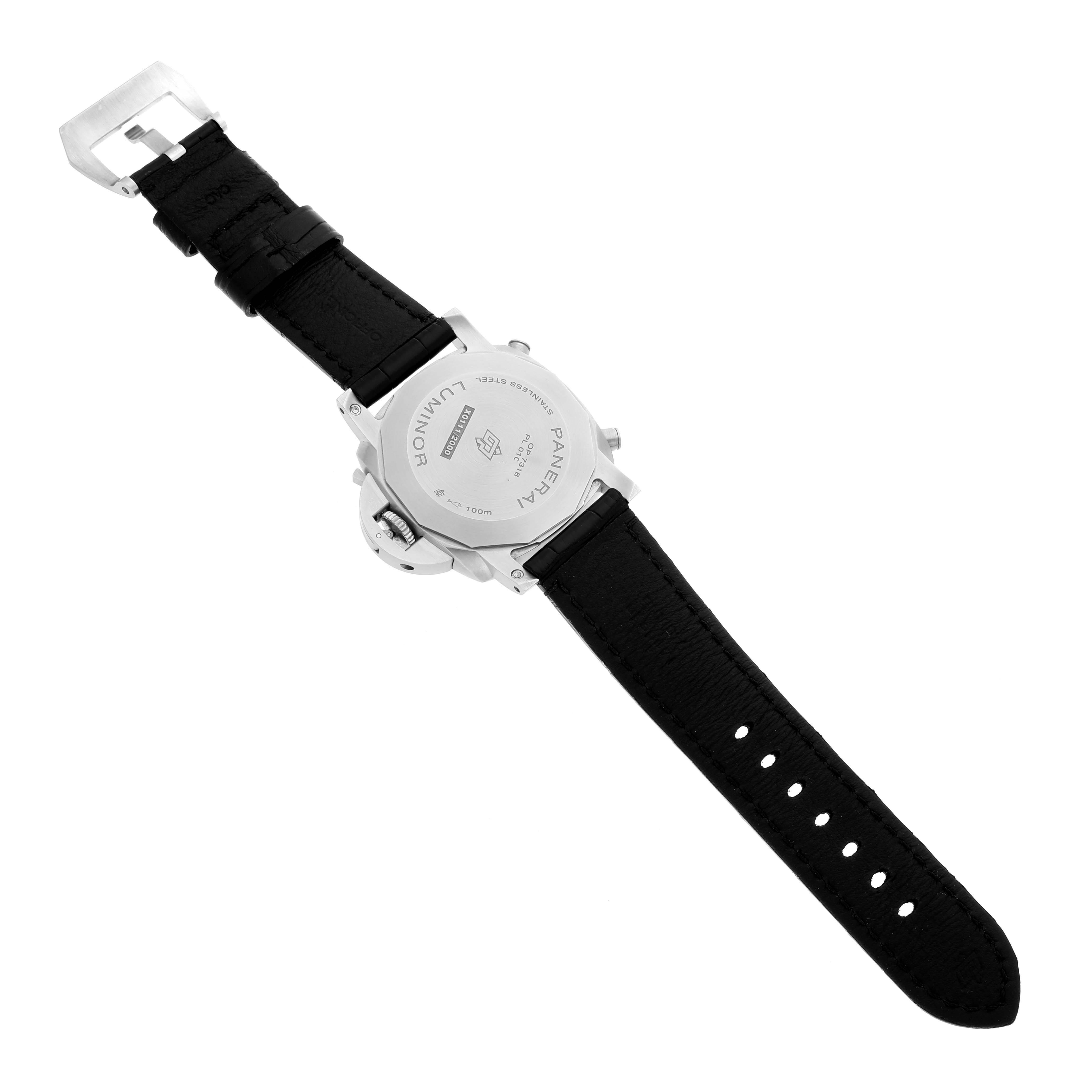 The image shows the back and strap of a Panerai Luminor PAM01109 Men's Stainless Steel Black Dial PAM01109 Men's Stainless Steel Black Dial watch laid flat.