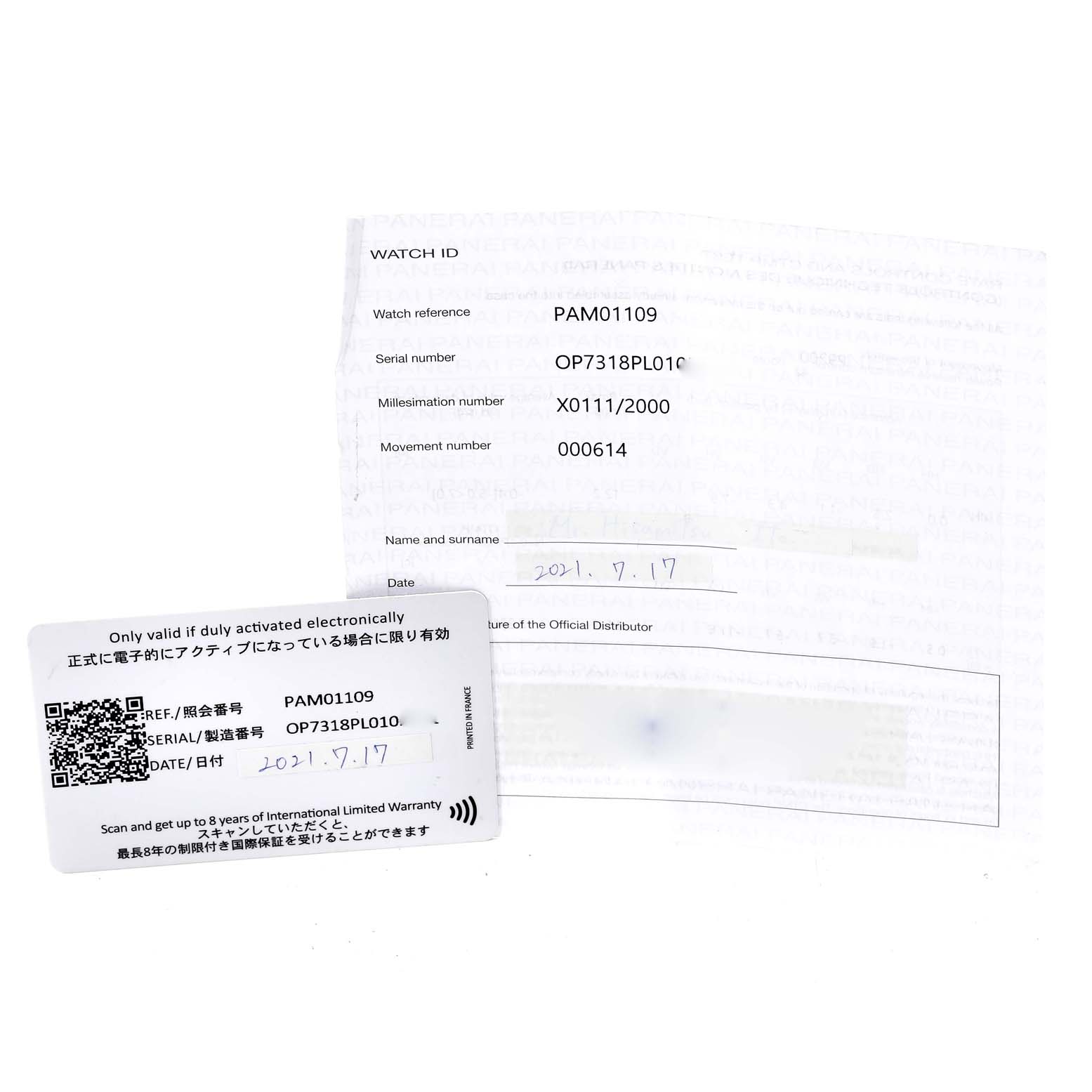 The image shows warranty documentation and an authentication card for a Panerai Luminor PAM01109 Men's Stainless Steel Black Dial PAM01109 Men's Stainless Steel Black Dial model PAM01109 watch.