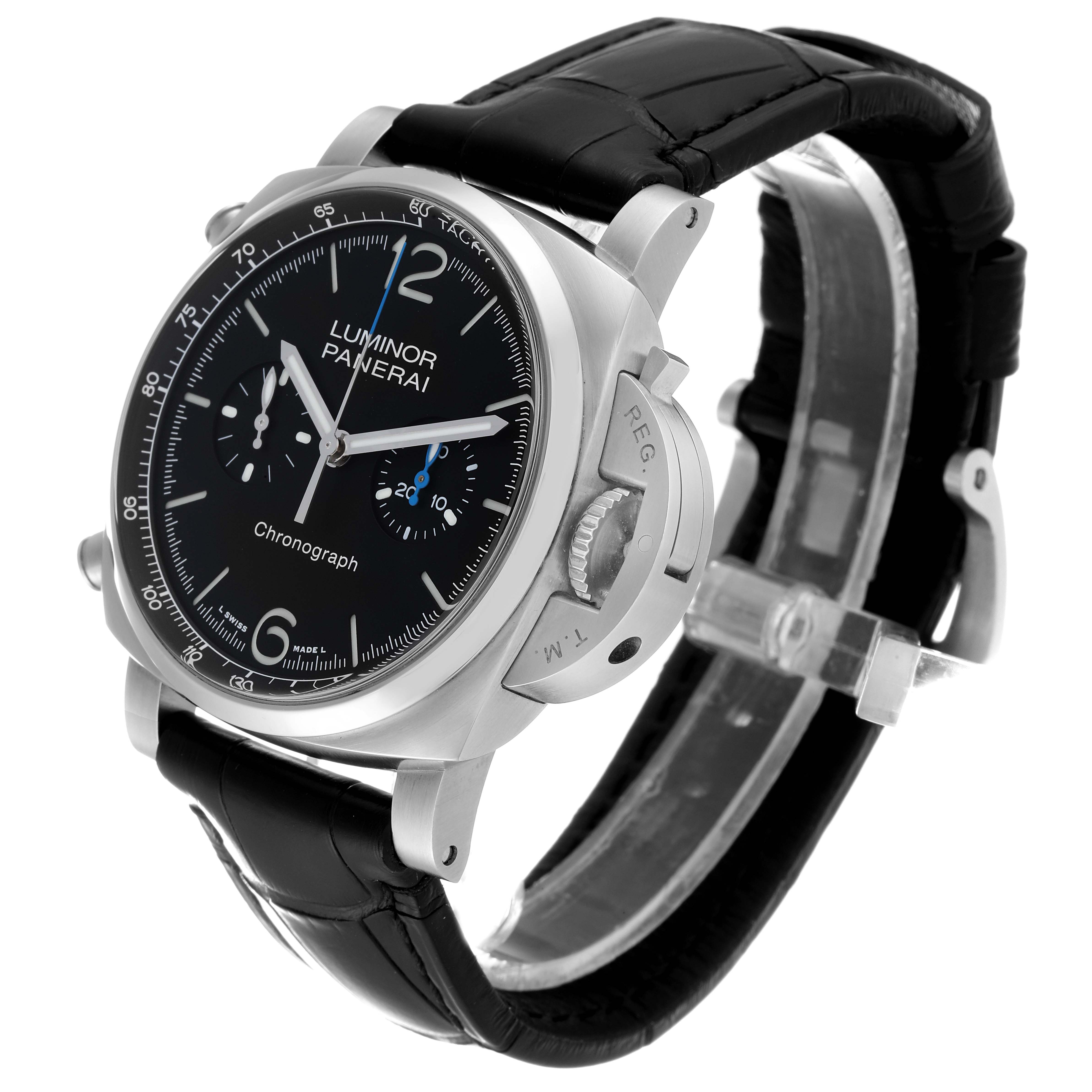 This image shows a Panerai Luminor PAM01109 Men's Stainless Steel Black Dial PAM01109 Men's Stainless Steel Black Dial chronograph watch from a front-side angle, highlighting the black dial, case, and leather strap.