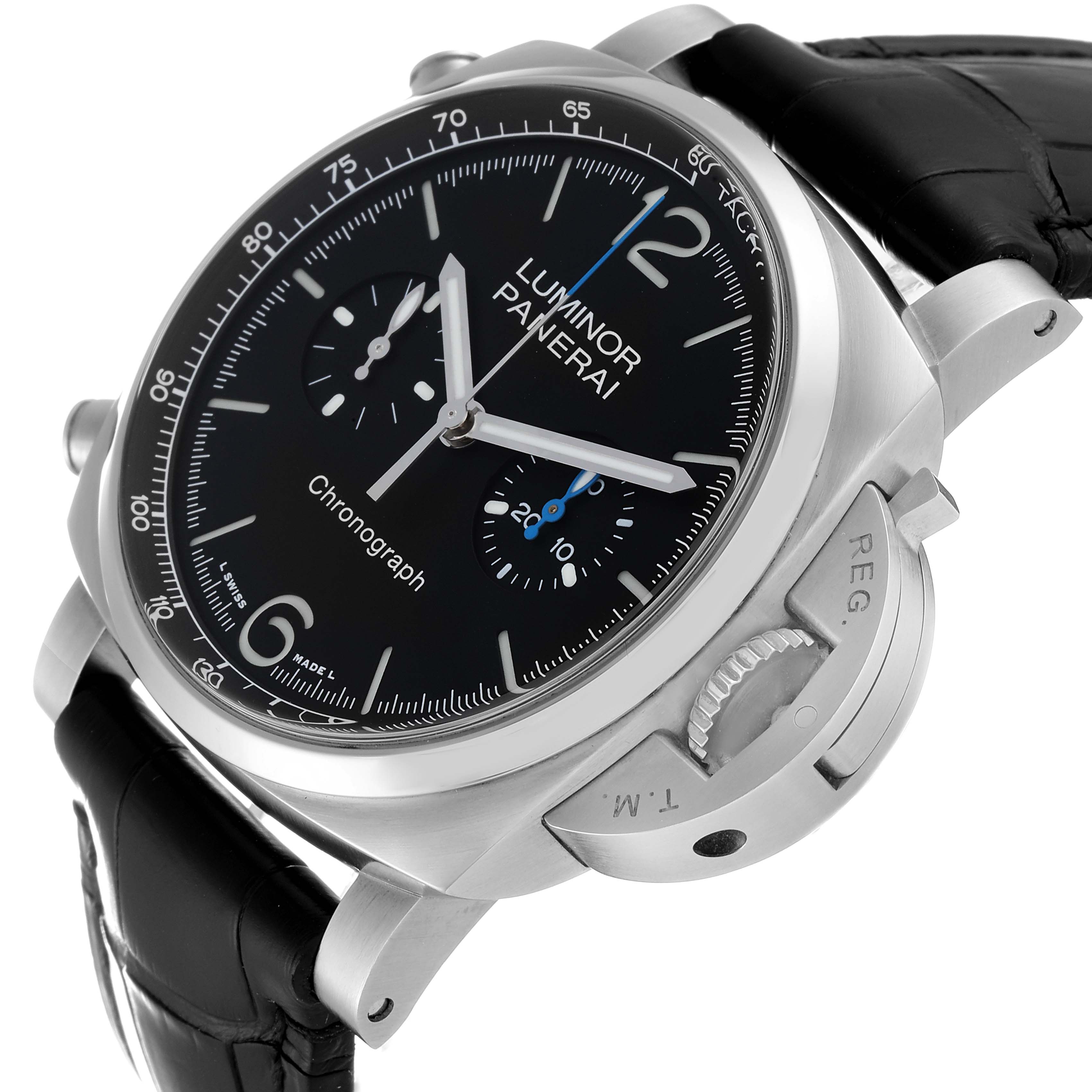 The image shows a side angle of the Panerai Luminor PAM01109 Men's Stainless Steel Black Dial PAM01109 Men's Stainless Steel Black Dial Chronograph, highlighting its black dial, crown guard, and leather strap.
