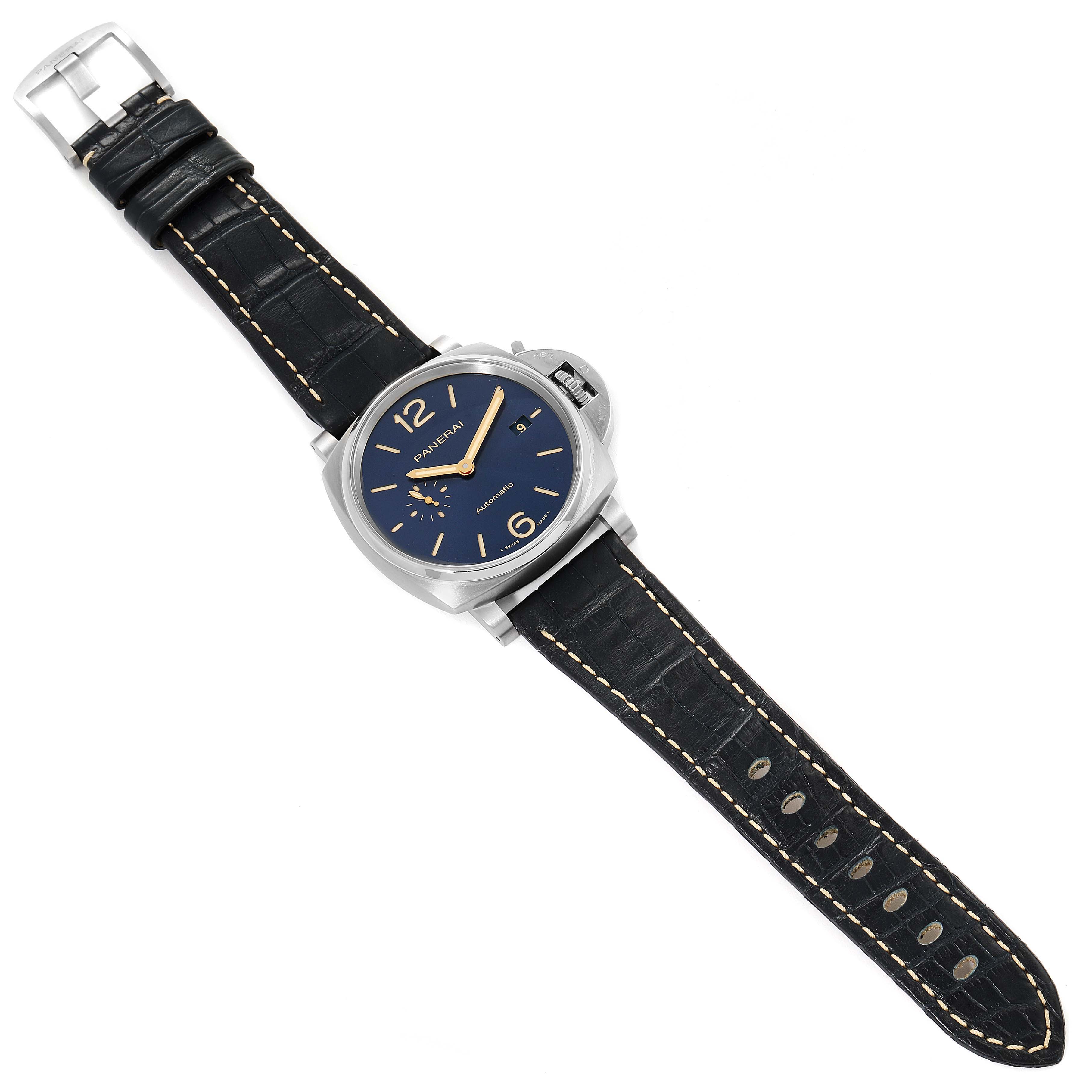 The image shows a Panerai Luminor Due PAM00927 Men's Titanium Blue Dial PAM00927 Men's Titanium Blue Dial watch from a top-down angle, displaying its black leather strap, blue dial, and silver case.