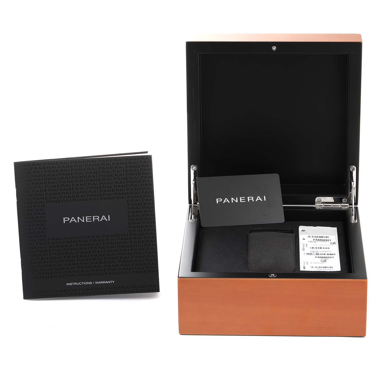 The image shows a Panerai Luminor Due PAM00927 Men's Titanium Blue Dial PAM00927 Men's Titanium Blue Dial watch box, warranty card, and instruction manual from an overhead perspective.