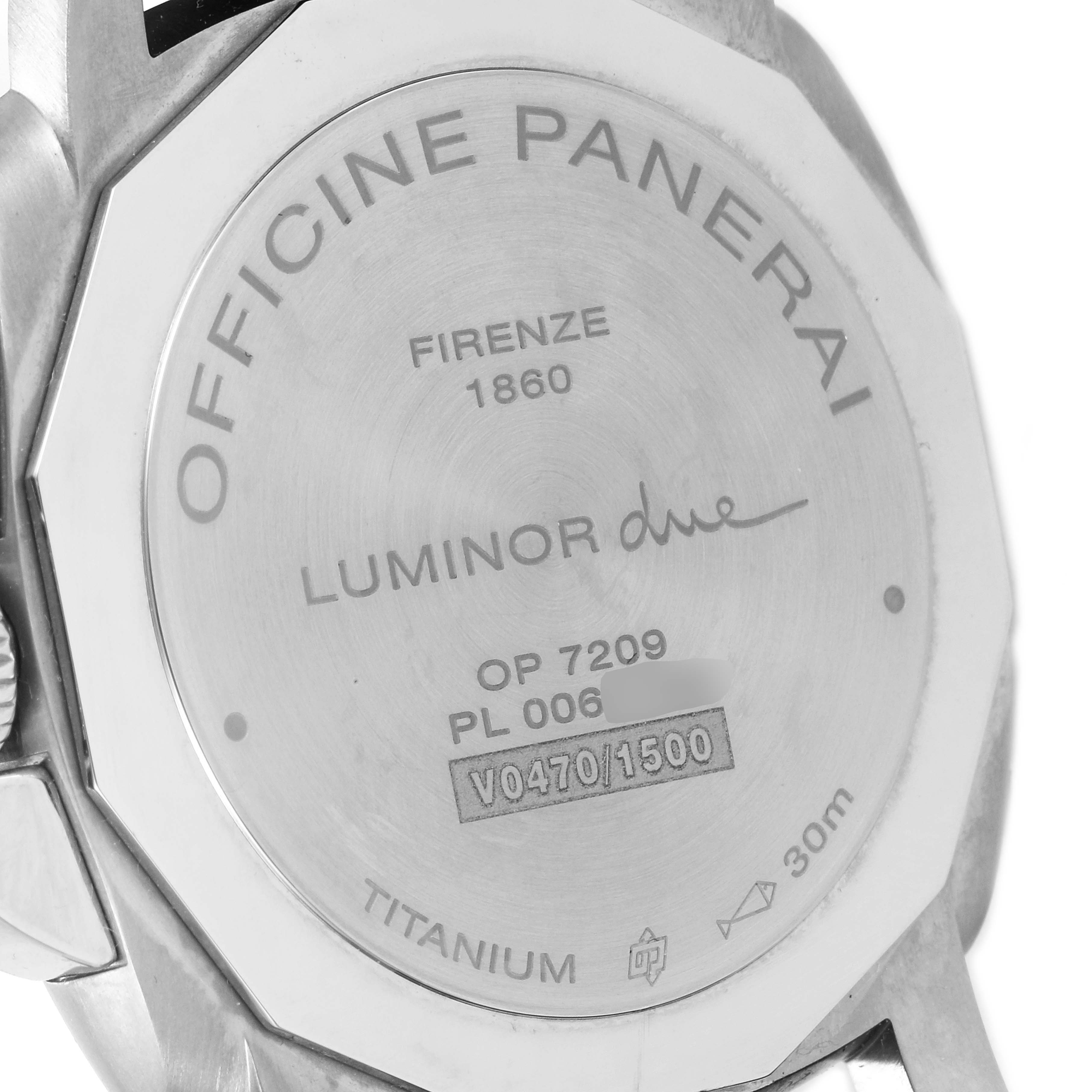 The image shows the back case of a Panerai Luminor Due PAM00927 Men's Titanium Blue Dial PAM00927 Men's Titanium Blue Dial watch, highlighting its inscriptions and material.