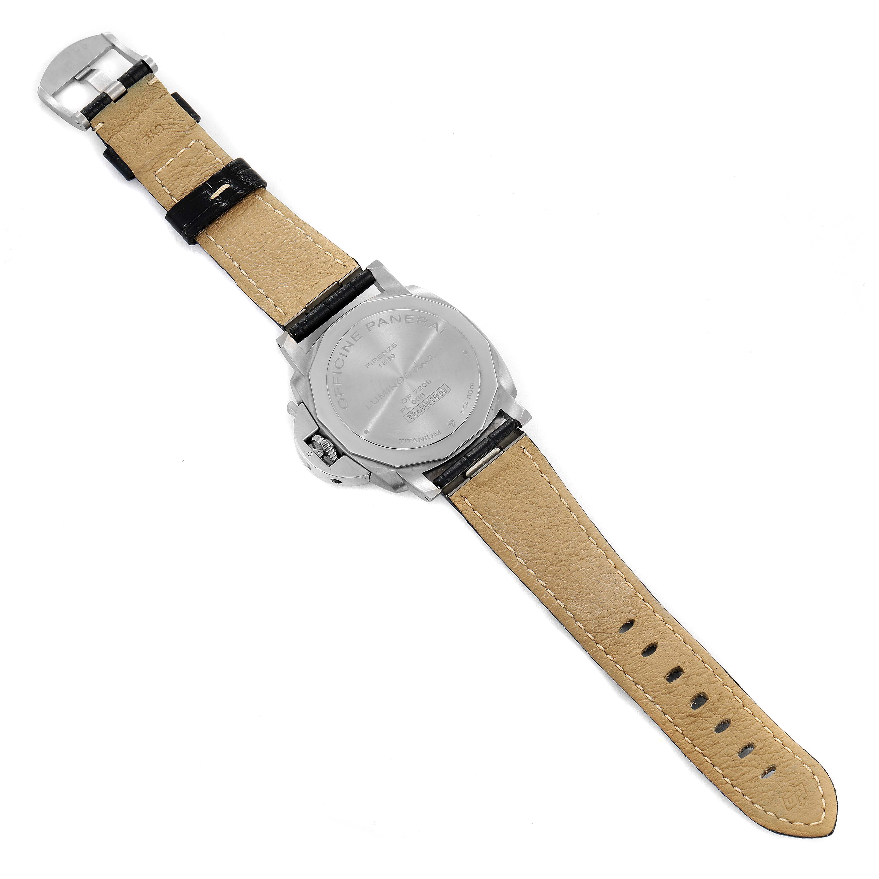 The image shows the backside of the Panerai Luminor Due PAM00927 Men's Titanium Blue Dial PAM00927 Men's Titanium Blue Dial watch, including the back case and leather strap.