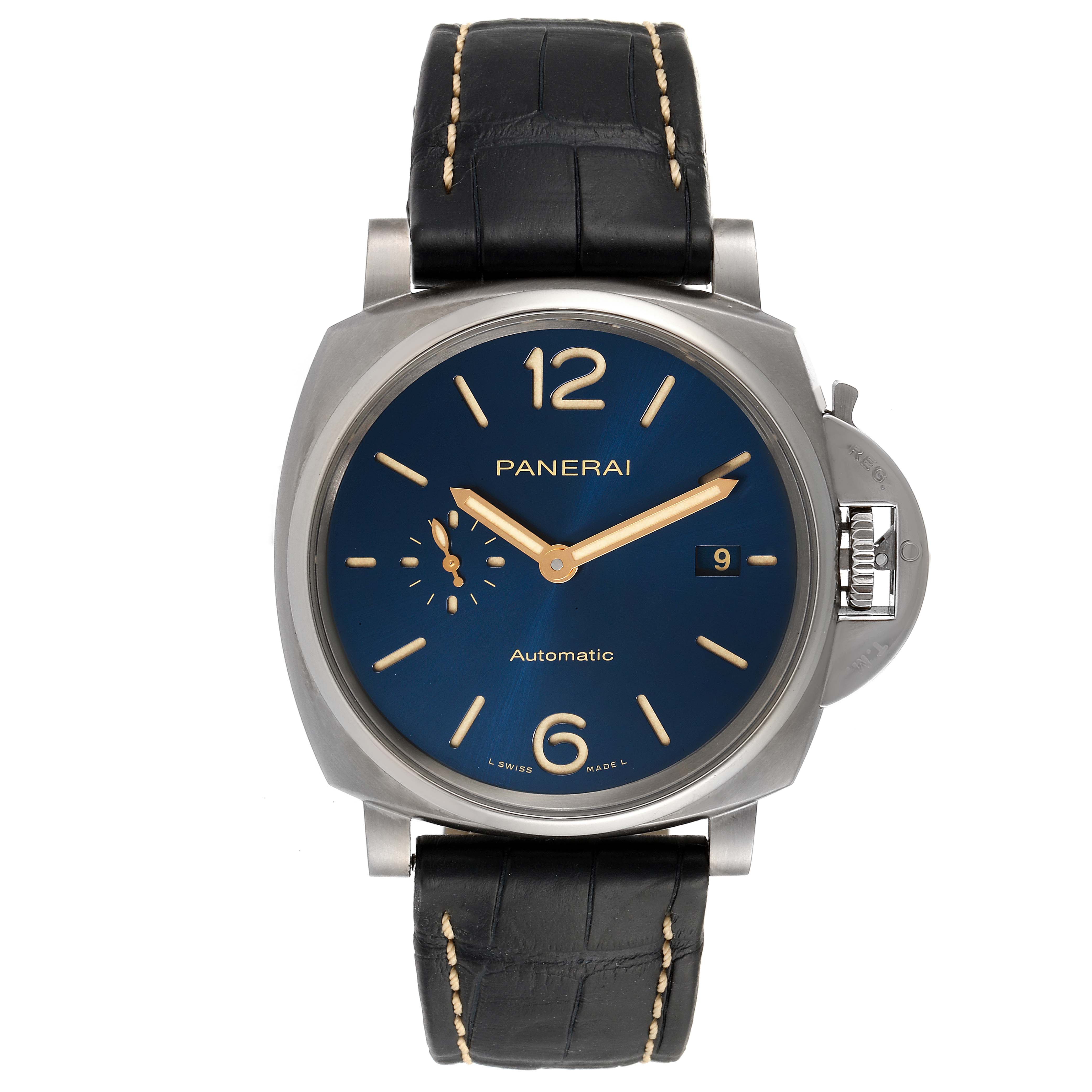 This image shows a front view of a Panerai Luminor Due PAM00927 Men's Titanium Blue Dial PAM00927 Men's Titanium Blue Dial watch with a blue dial and black leather strap.