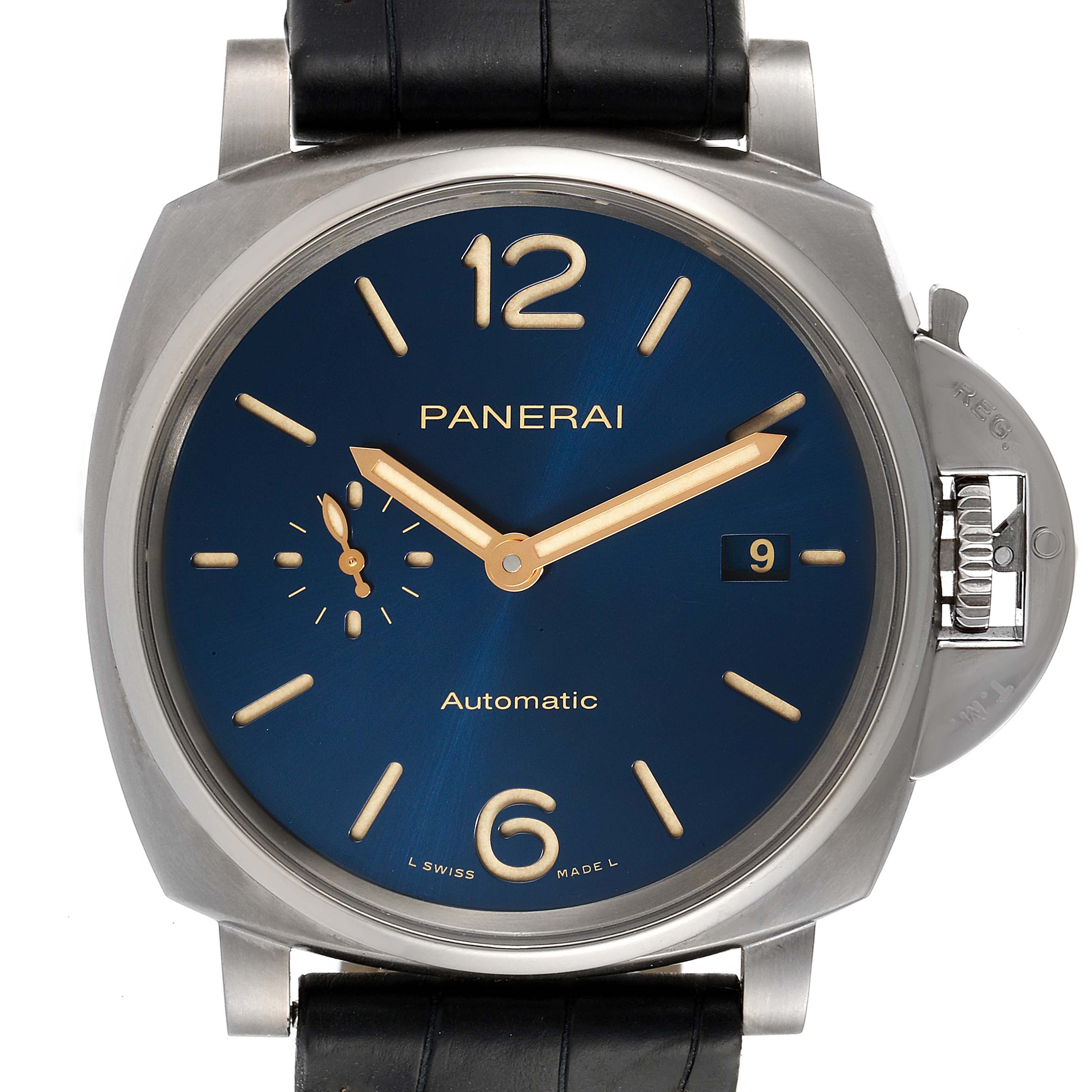 Front view of the Panerai Luminor Due PAM00927 Men's Titanium Blue Dial PAM00927 Men's Titanium Blue Dial showing the dial, hands, crown, and part of the strap.