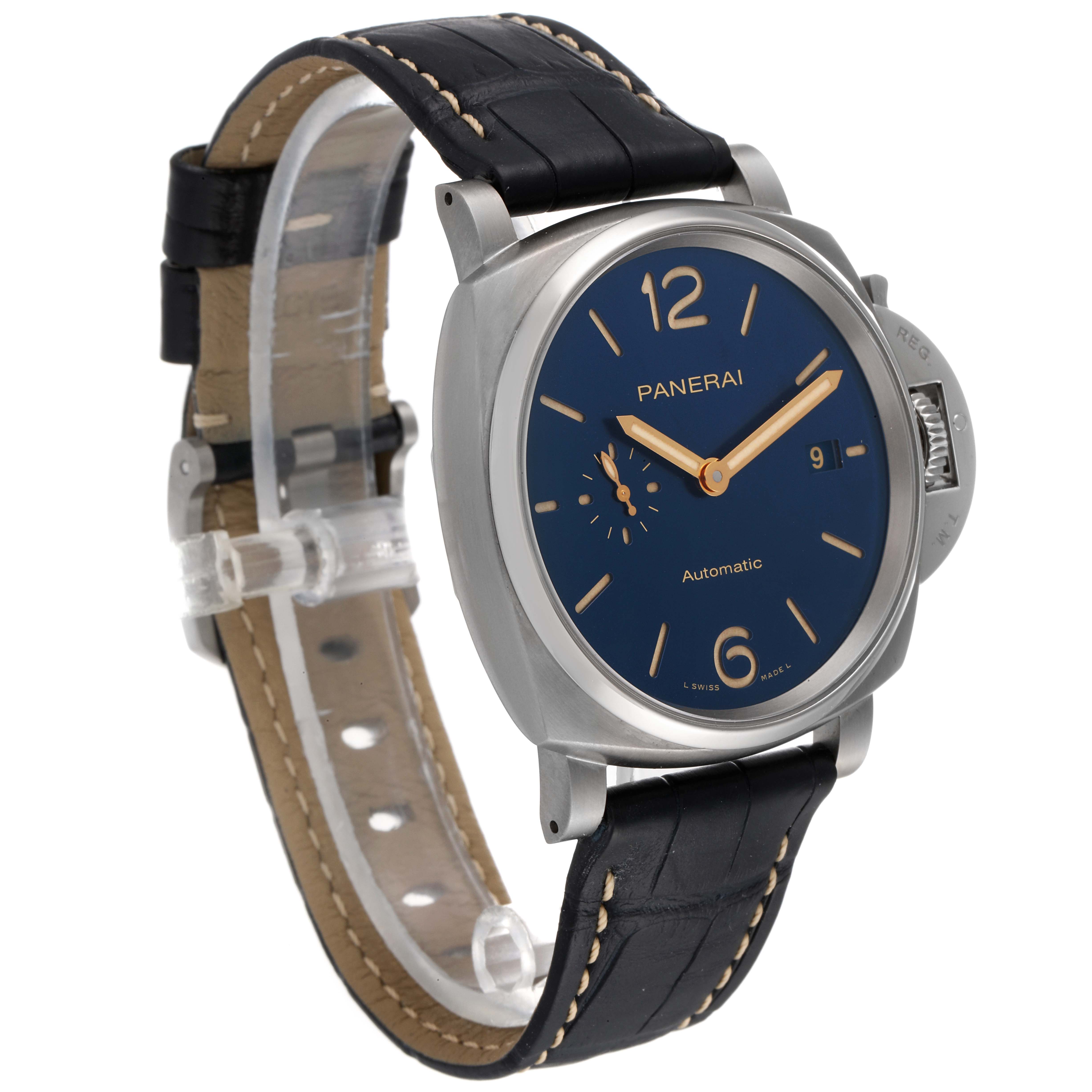 This image shows a Panerai Luminor Due PAM00927 Men's Titanium Blue Dial PAM00927 Men's Titanium Blue Dial watch at an angle displaying the face, strap, crown, and case.