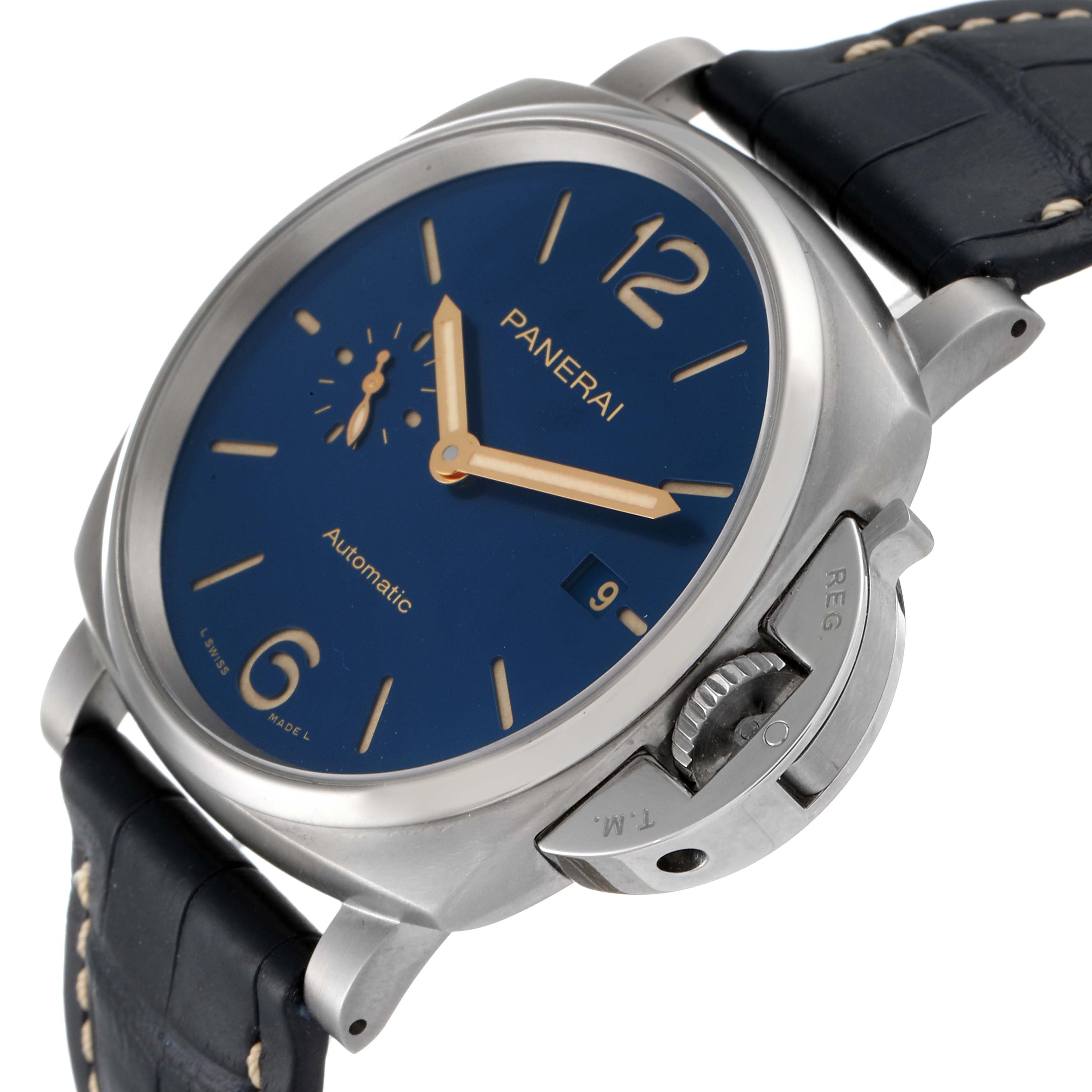 The Panerai Luminor Due PAM00927 Men's Titanium Blue Dial PAM00927 Men's Titanium Blue Dial watch is displayed at a slight angle, showcasing its blue dial, crown guard, and leather strap.