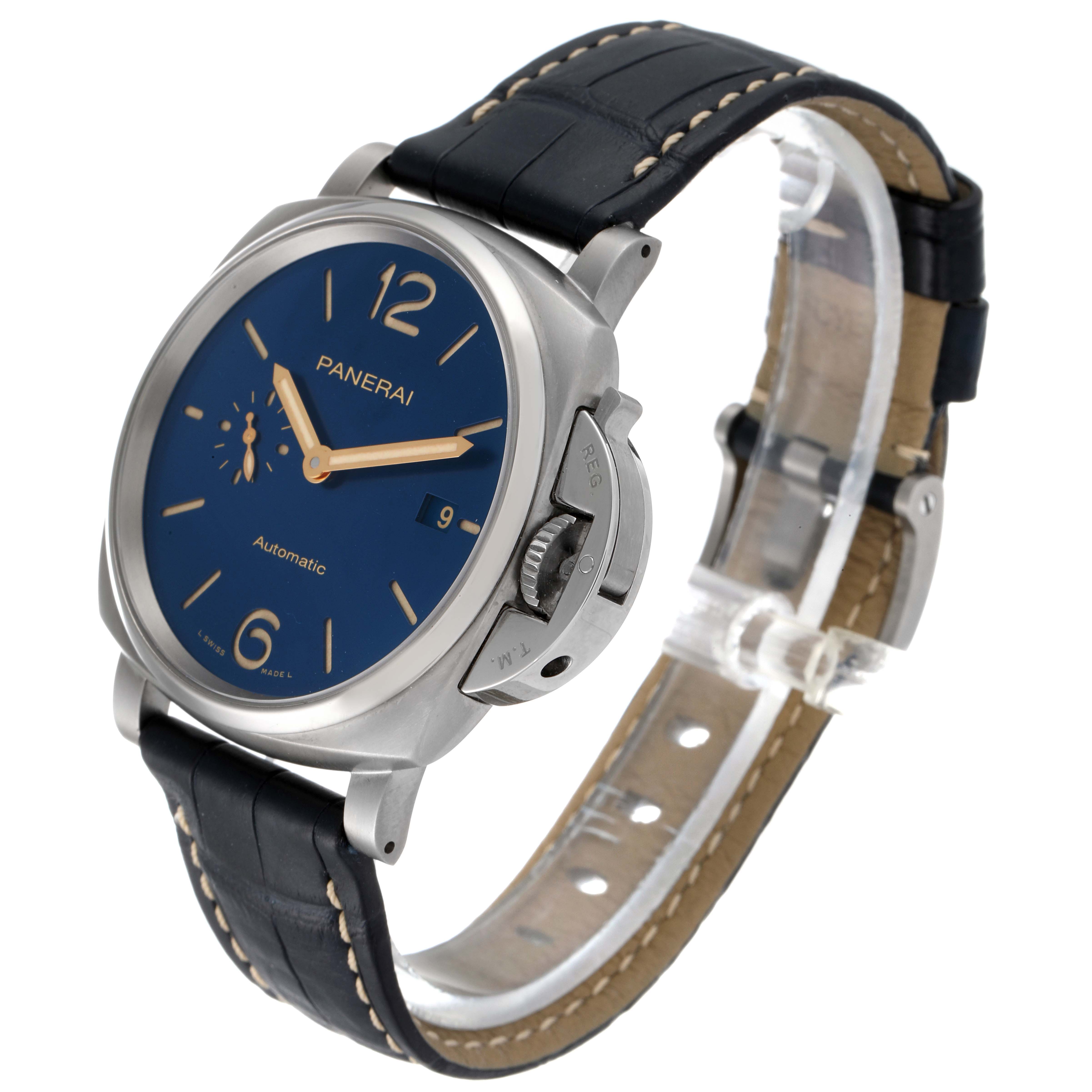 The Panerai Luminor Due PAM00927 Men's Titanium Blue Dial PAM00927 Men's Titanium Blue Dial watch is displayed at a three-quarter angle, showing the face, crown guard, and strap.
