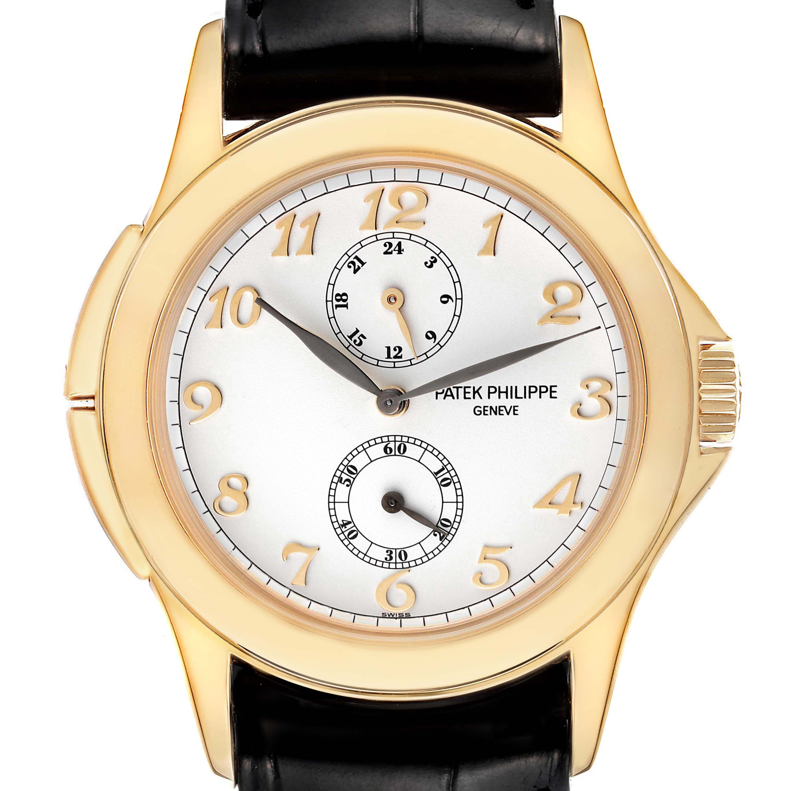 This image shows a front view of the Patek Philippe Calatrava 5134J Men's Yellow Gold White Dial 5134J Men's Yellow Gold White Dial watch, highlighting its gold case, dial, and black leather strap.