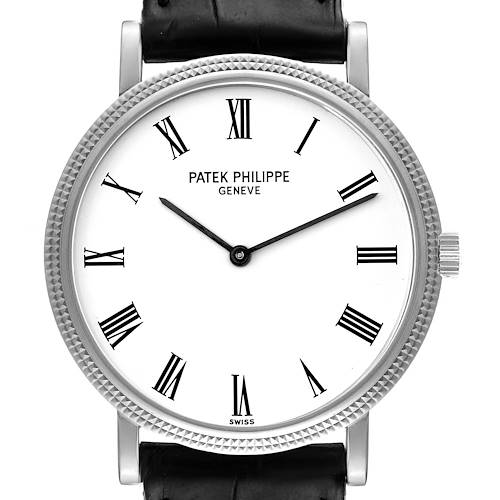 This is a close-up, front-facing view of a Patek Philippe Calatrava watch showing the dial, hands, and part of the strap.