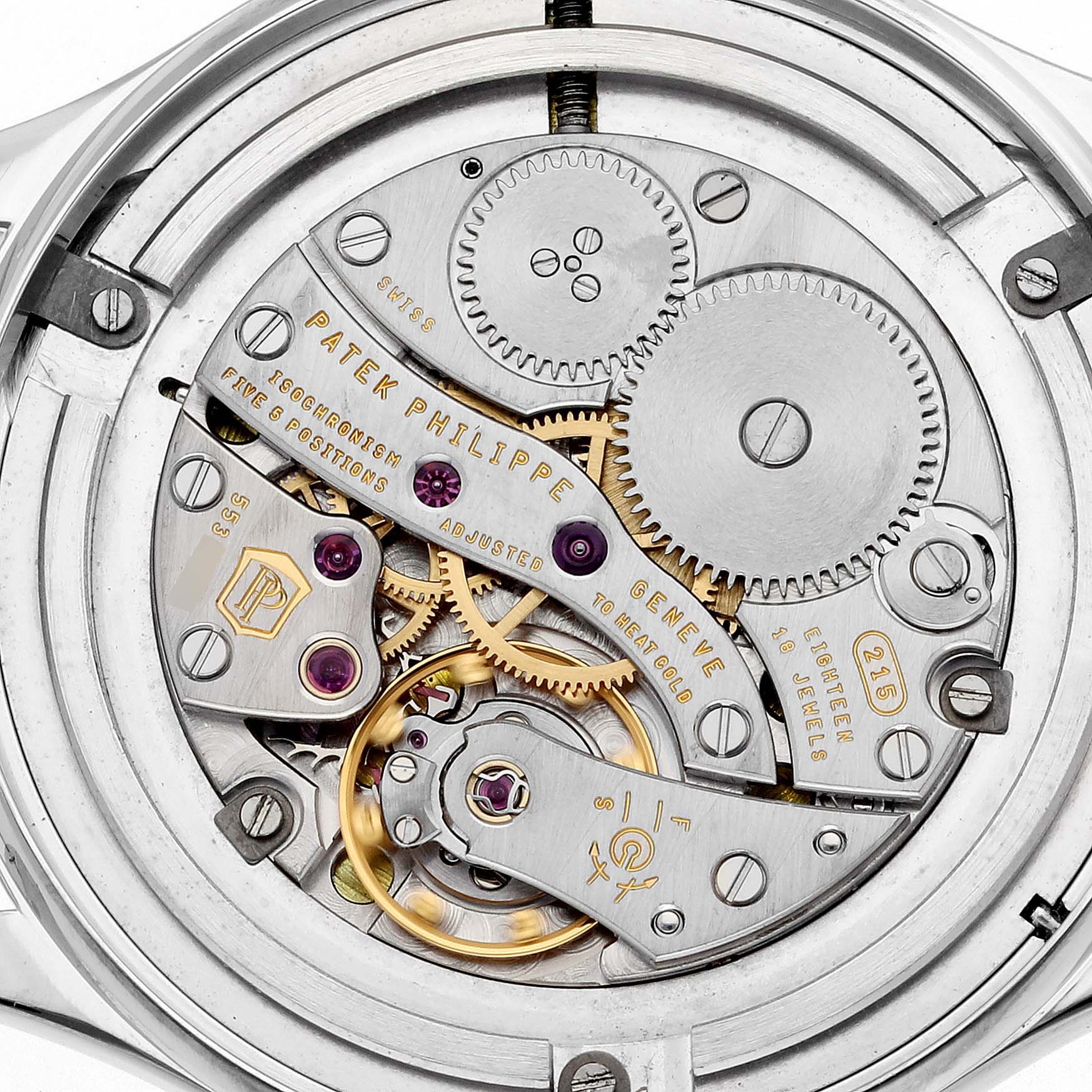 The image shows the back view of the Patek Philippe Calatrava 4897G-001 Women's White Gold Blue Dial 4897G-001 Women's White Gold Blue Dial watch, displaying its intricate mechanical movement.